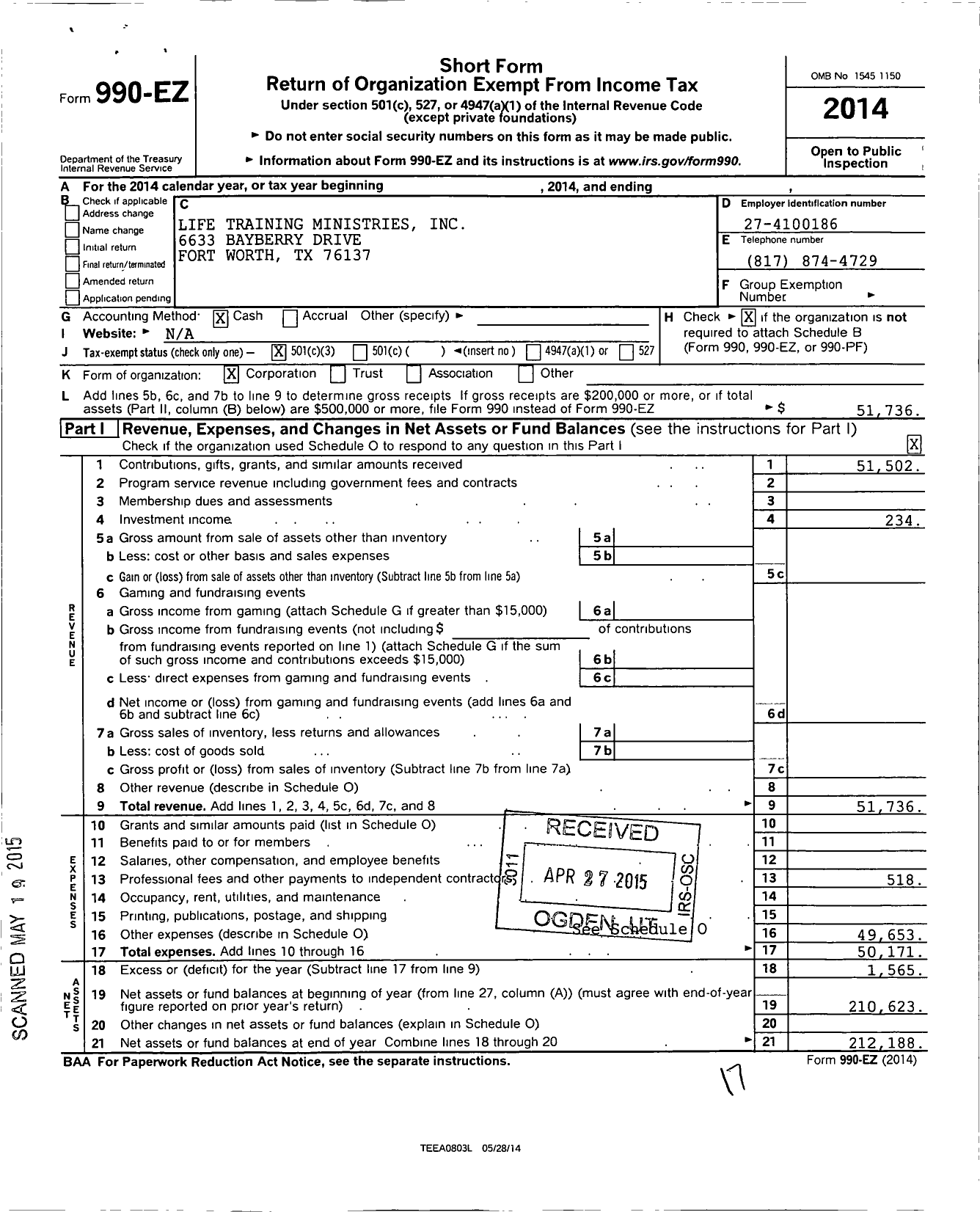 Image of first page of 2014 Form 990EZ for Life Training Ministries