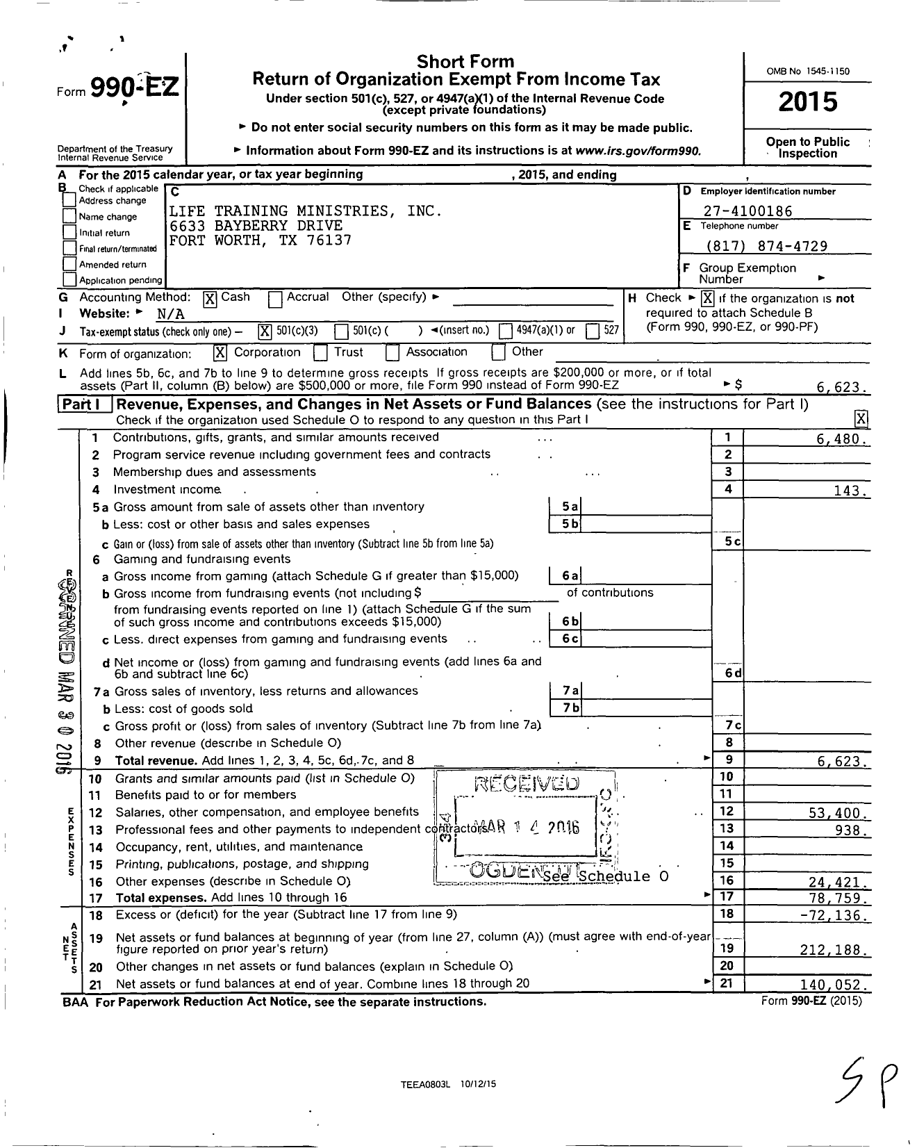 Image of first page of 2015 Form 990EZ for Life Training Ministries