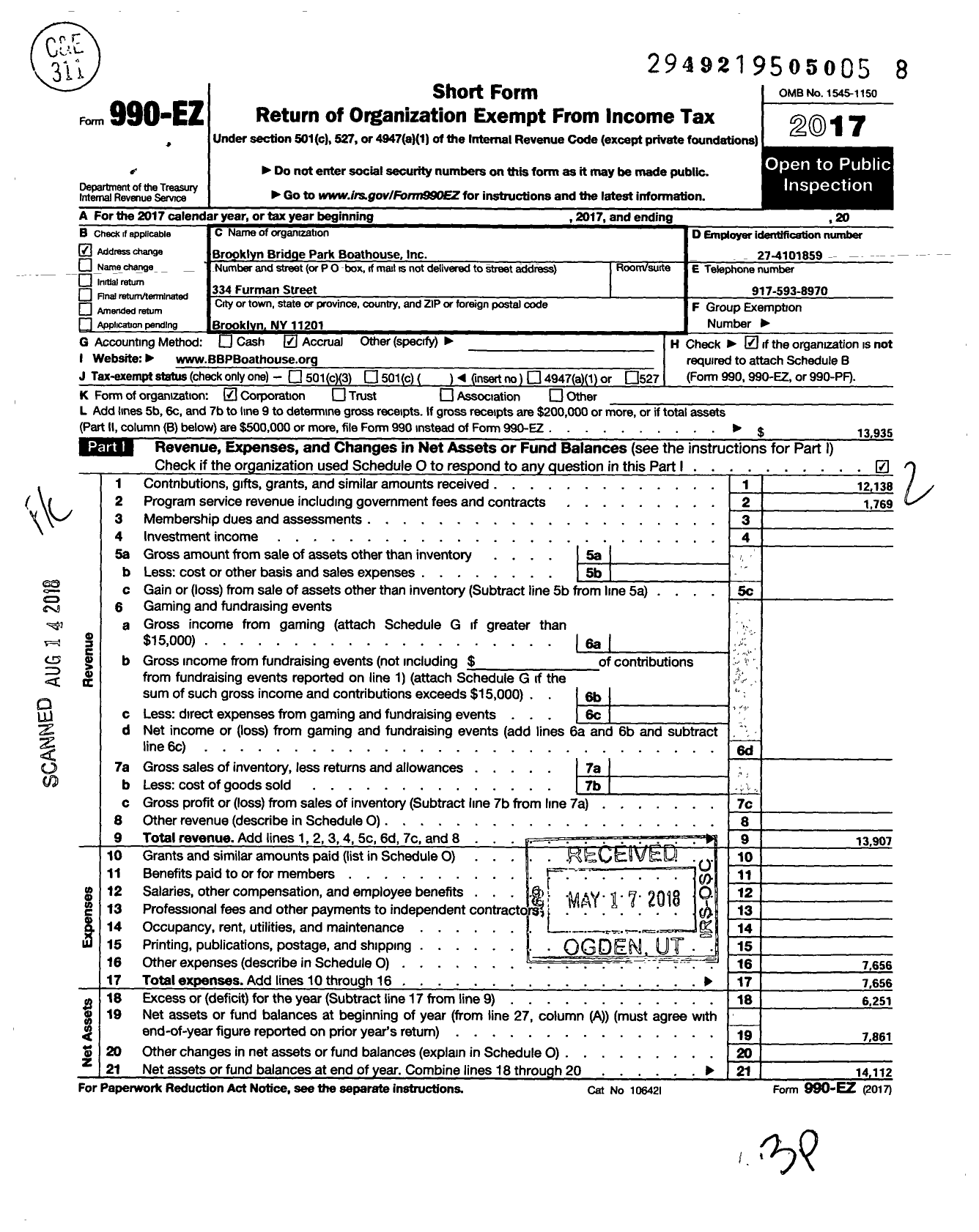 Image of first page of 2017 Form 990EO for The Brooklyb Bridge Park Boathouse