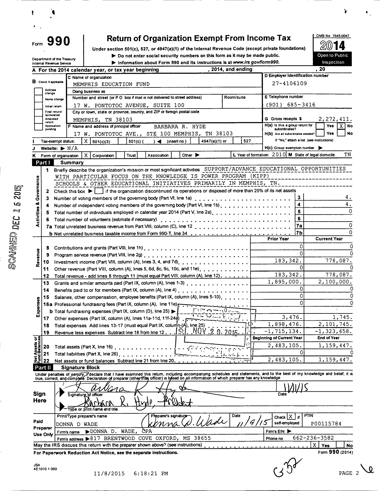 Image of first page of 2014 Form 990 for Memphis Educational Fund