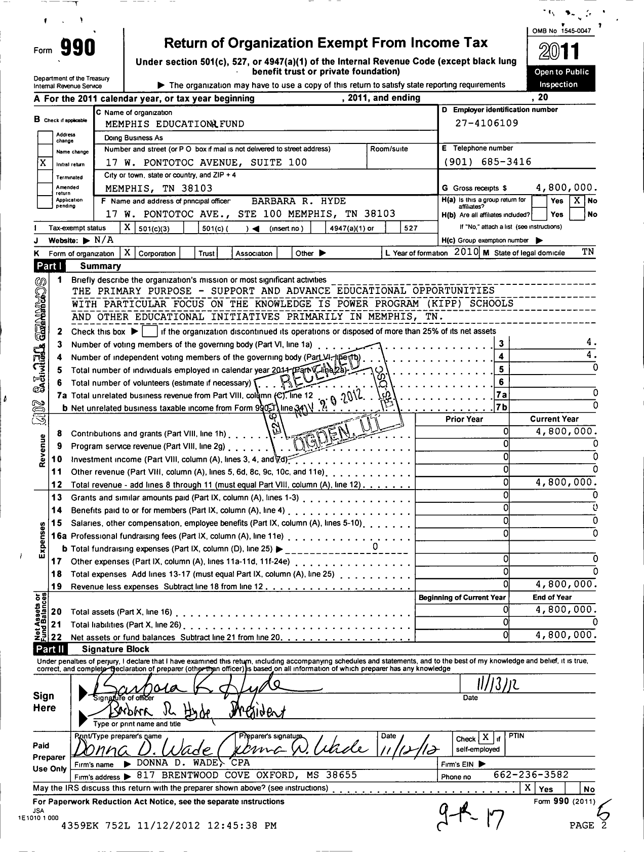 Image of first page of 2011 Form 990 for Memphis Educational Fund