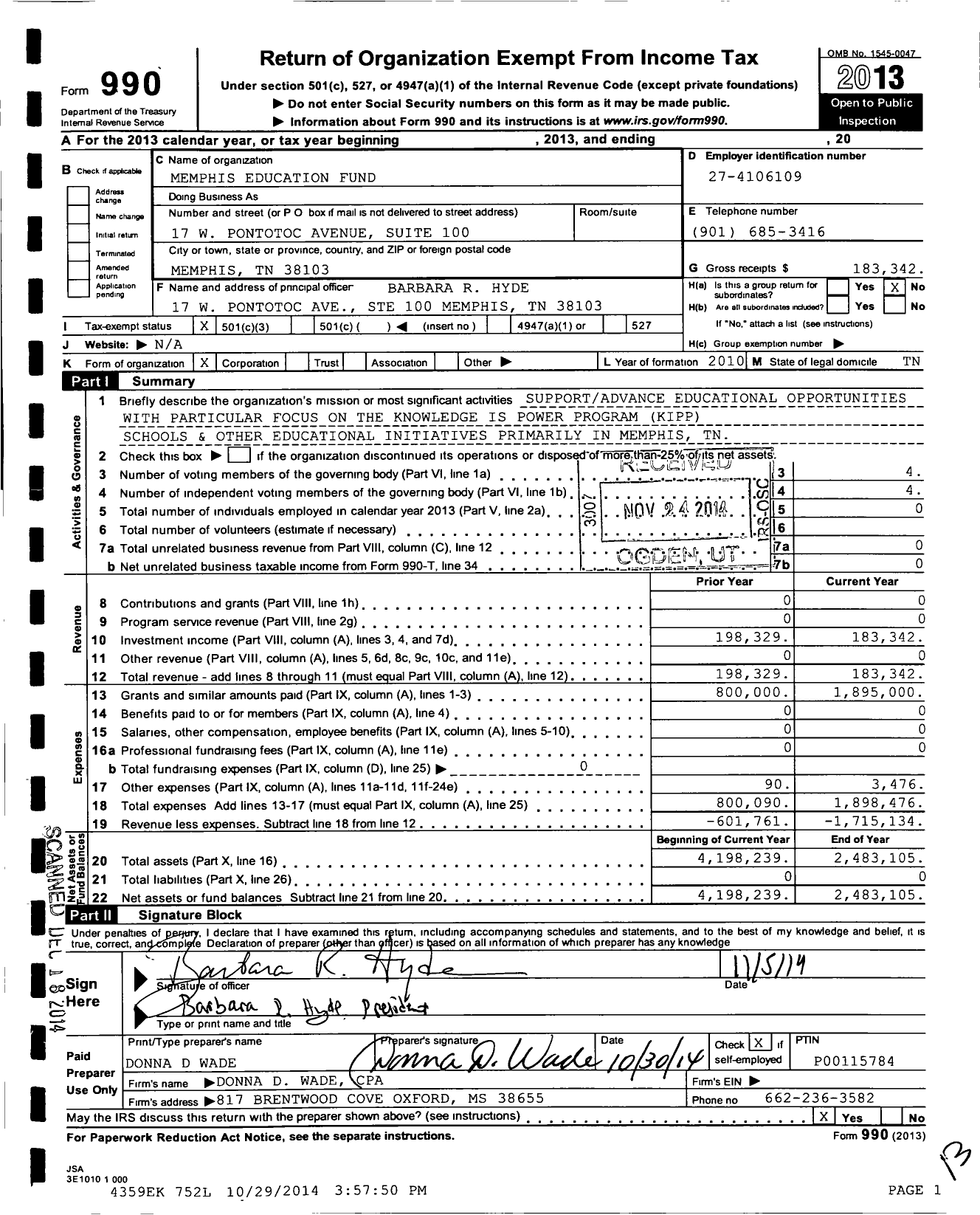 Image of first page of 2013 Form 990 for Memphis Educational Fund