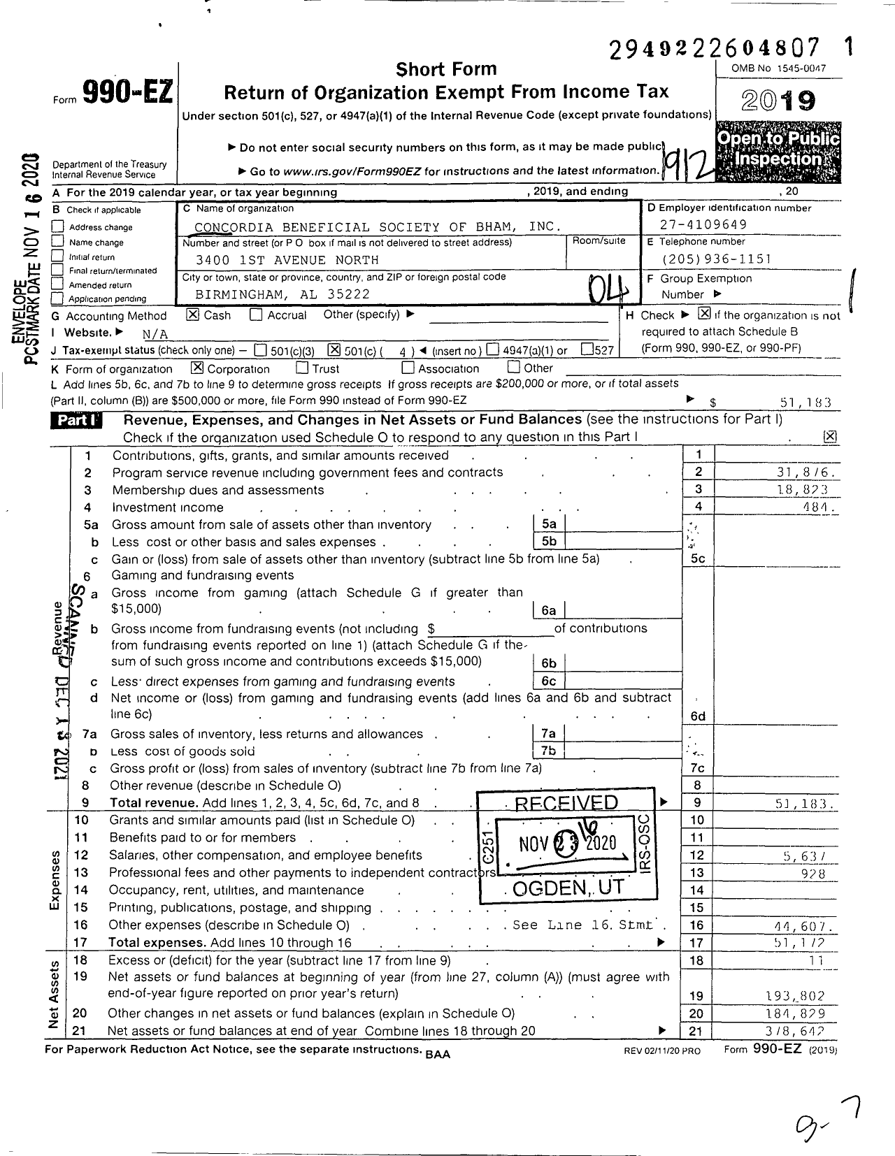 Image of first page of 2019 Form 990EO for Concordia Beneficial Society of Birmingham