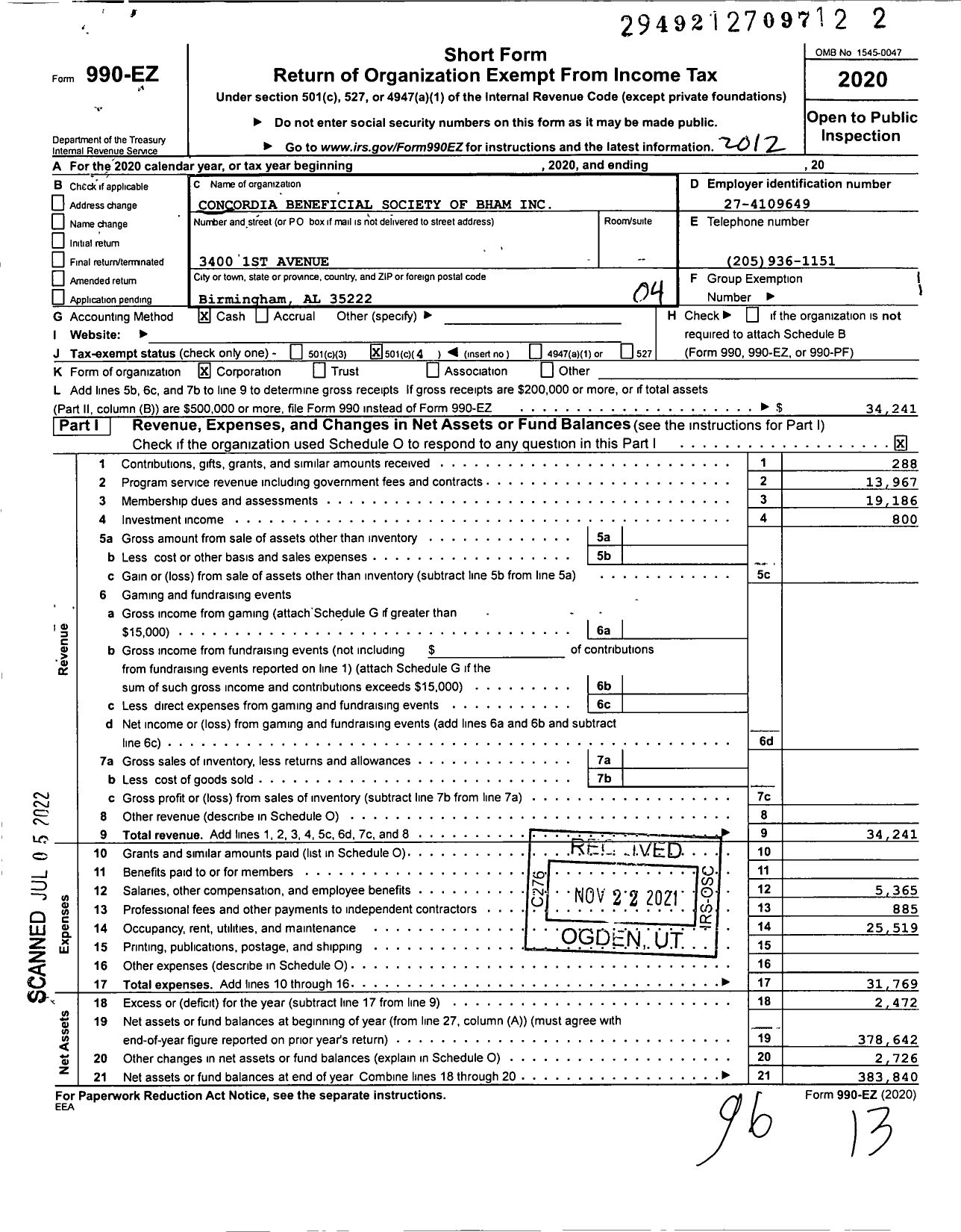 Image of first page of 2020 Form 990EO for Concordia Beneficial Society of Birmingham