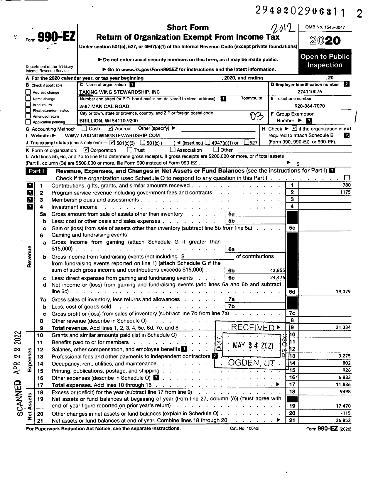 Image of first page of 2020 Form 990EZ for Taking Wing Stewardship