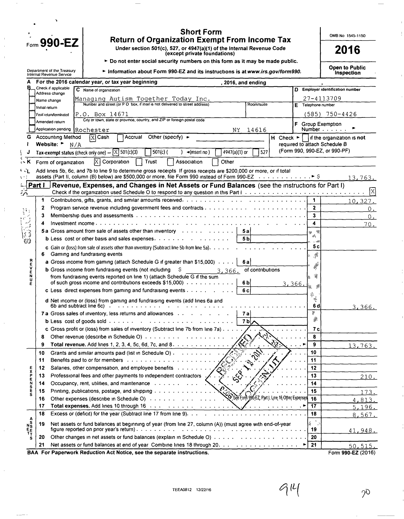 Image of first page of 2016 Form 990EZ for Managing Autism Together Today (MATT)