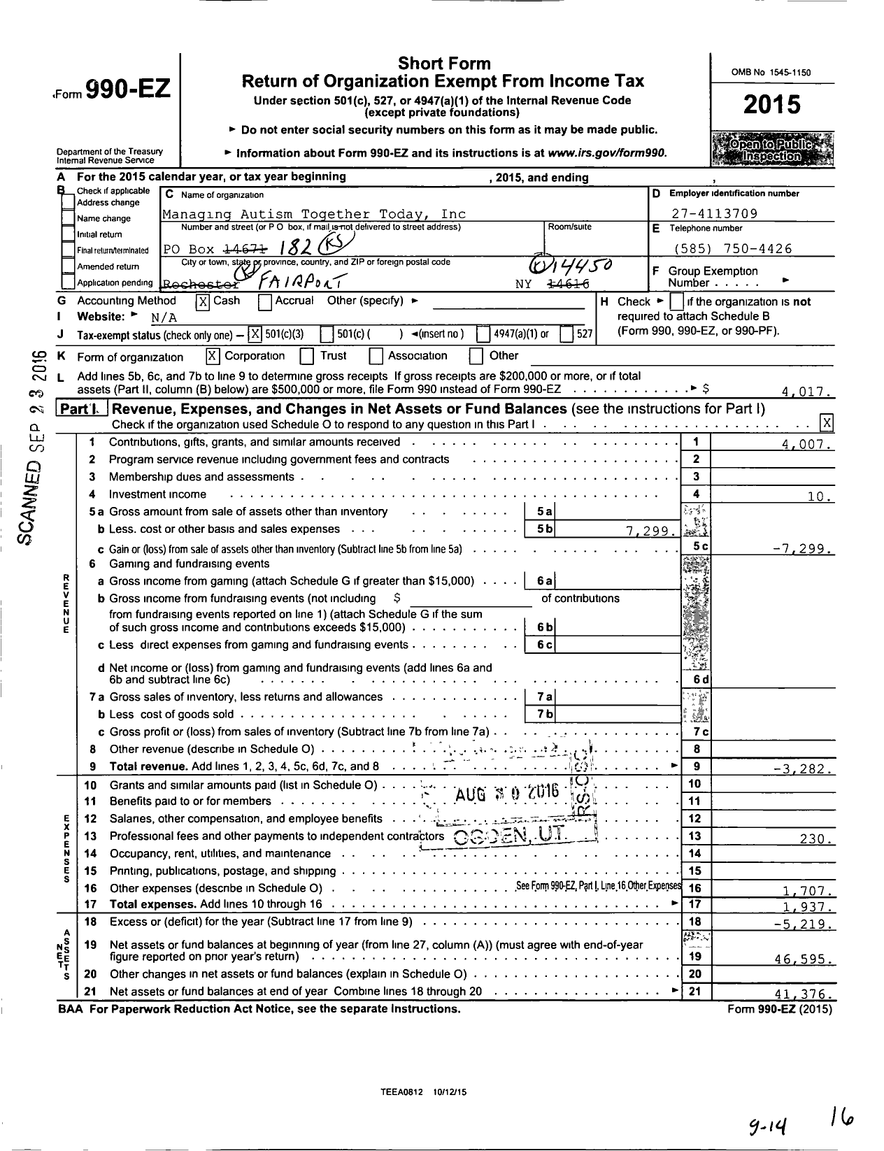 Image of first page of 2015 Form 990EZ for Managing Autism Together Today (MATT)