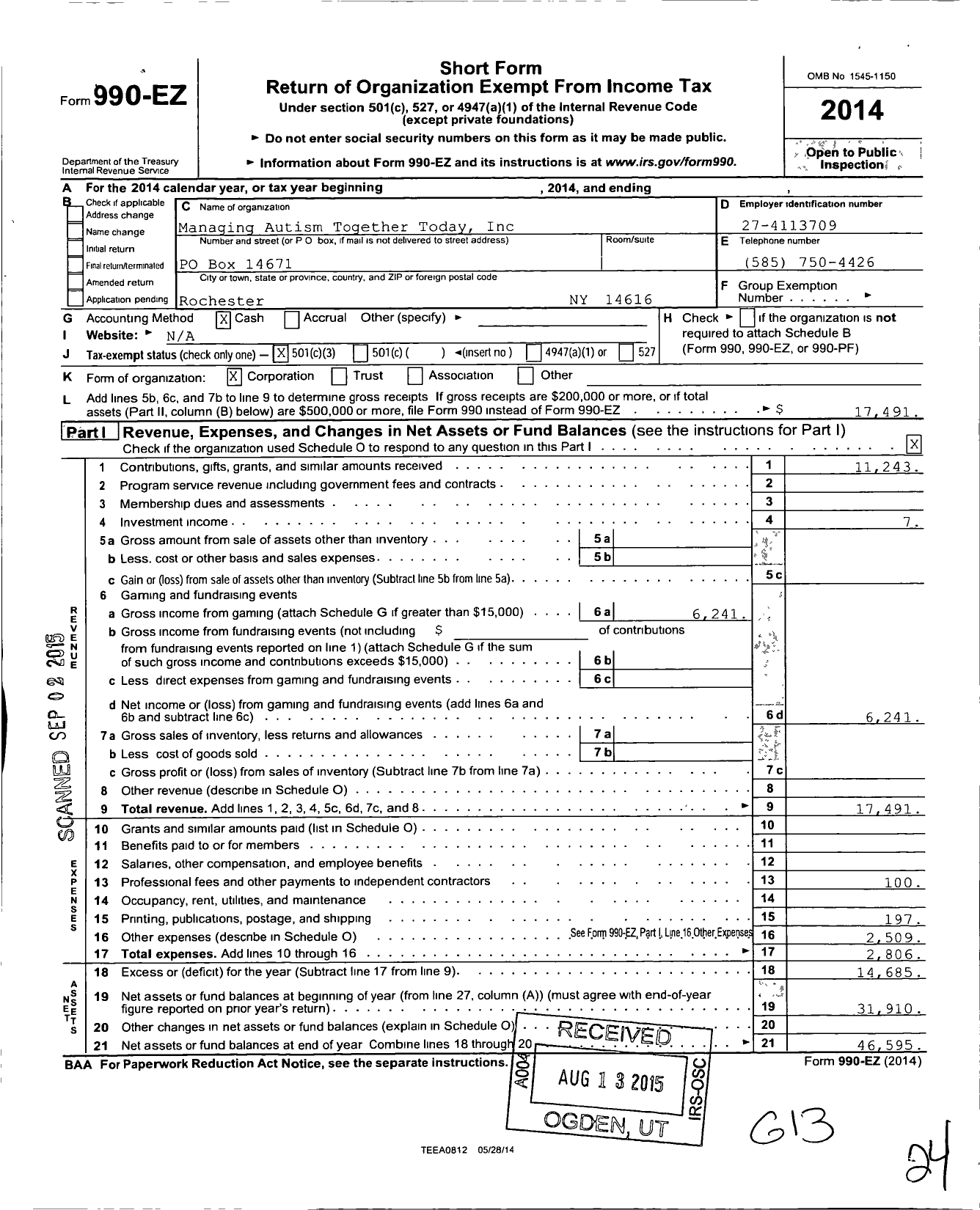 Image of first page of 2014 Form 990EZ for Managing Autism Together Today (MATT)