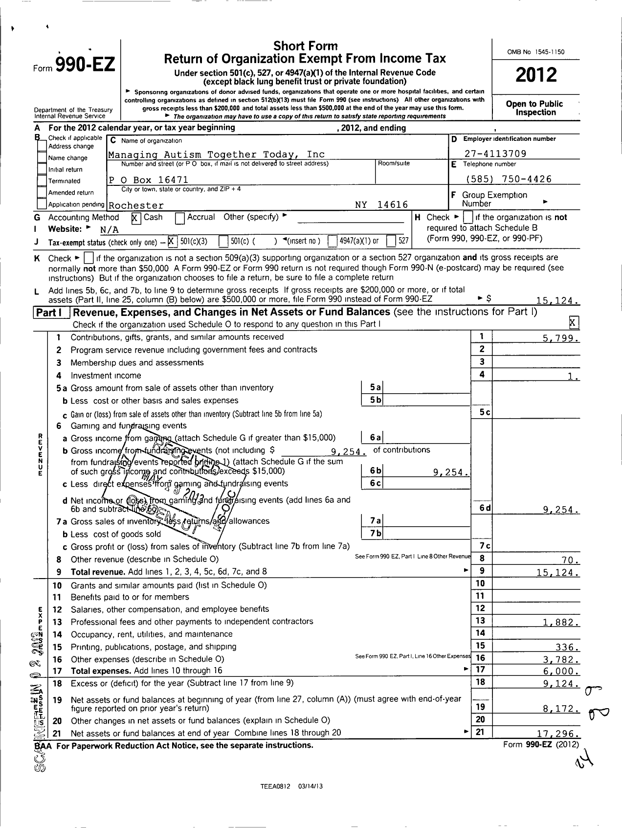 Image of first page of 2012 Form 990EZ for Managing Autism Together Today (MATT)