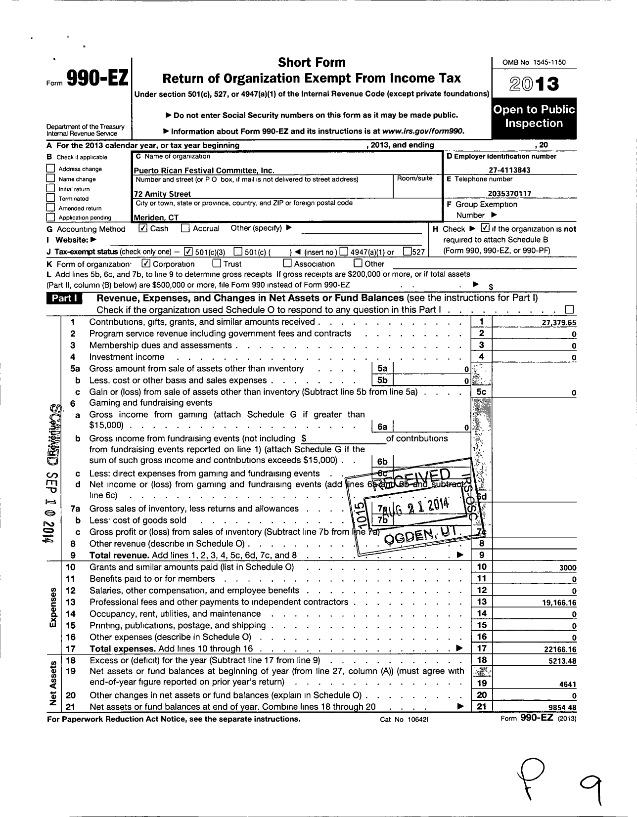 Image of first page of 2013 Form 990EZ for Puerto Rican Festival Committee