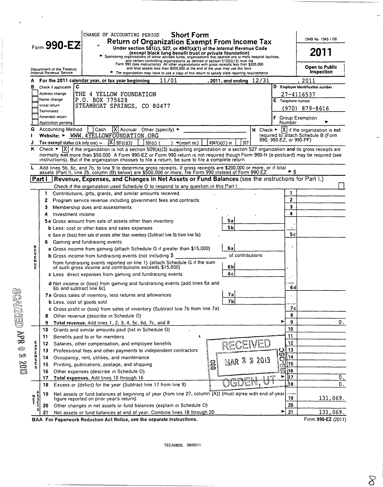 Image of first page of 2011 Form 990EZ for 4 Yellow Foundation