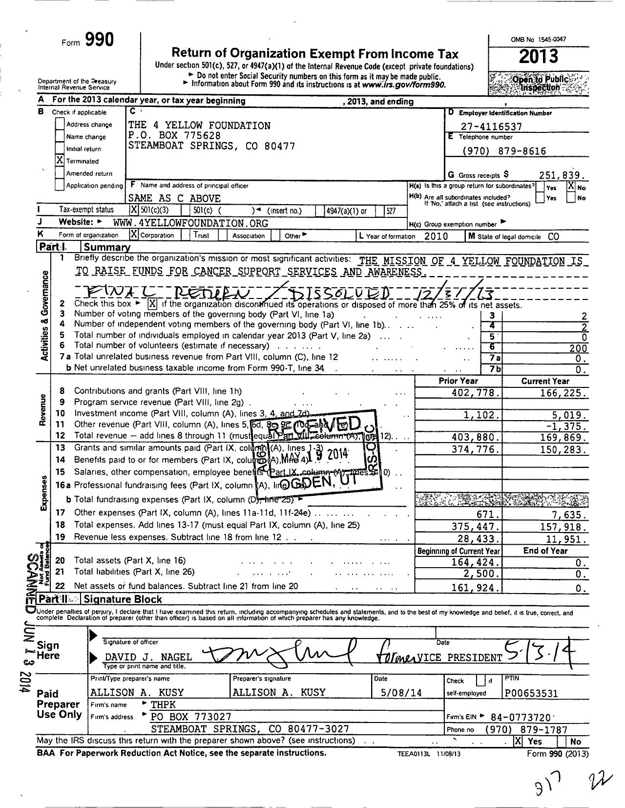 Image of first page of 2013 Form 990 for 4 Yellow Foundation