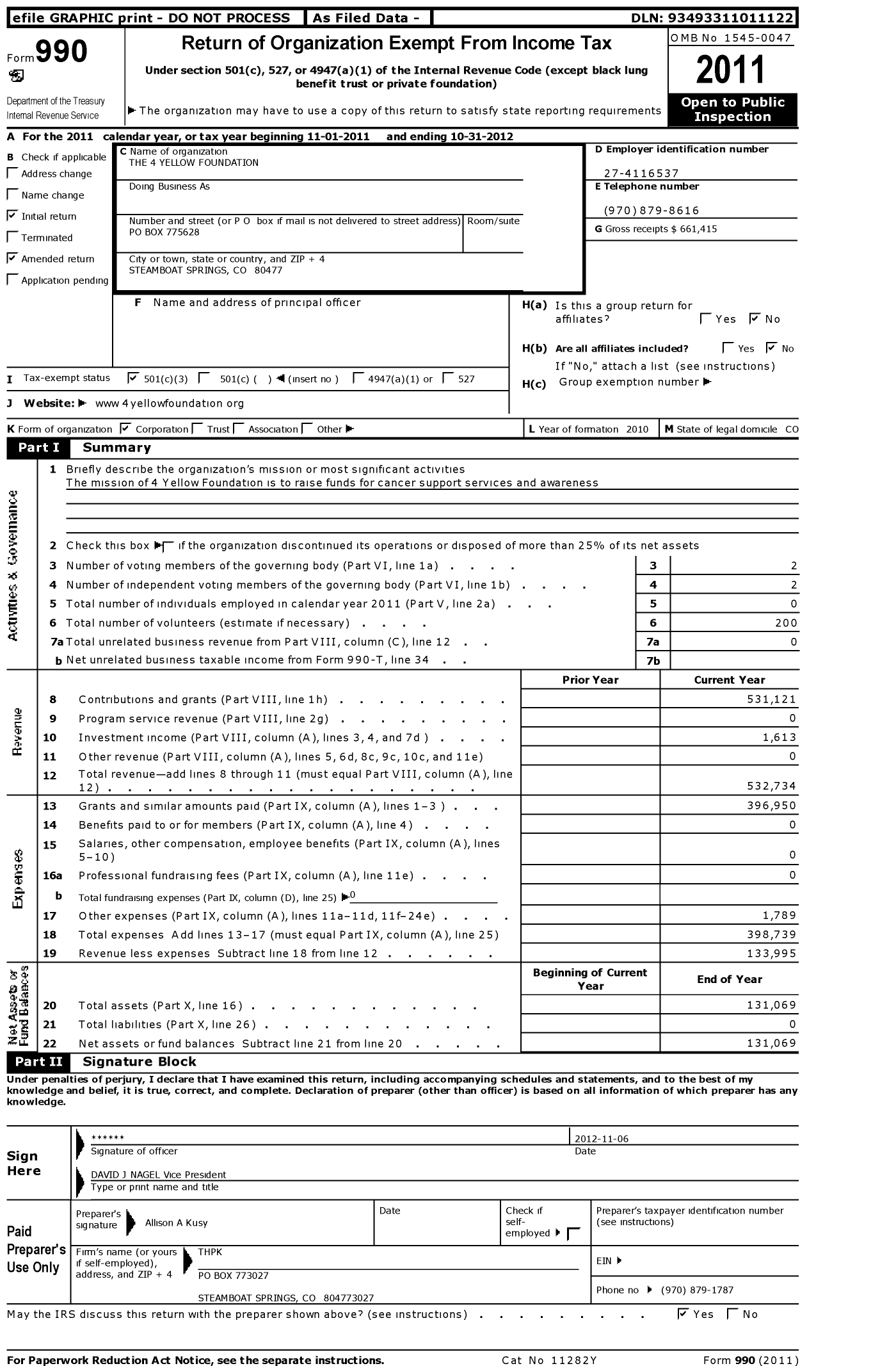 Image of first page of 2011 Form 990 for 4 Yellow Foundation