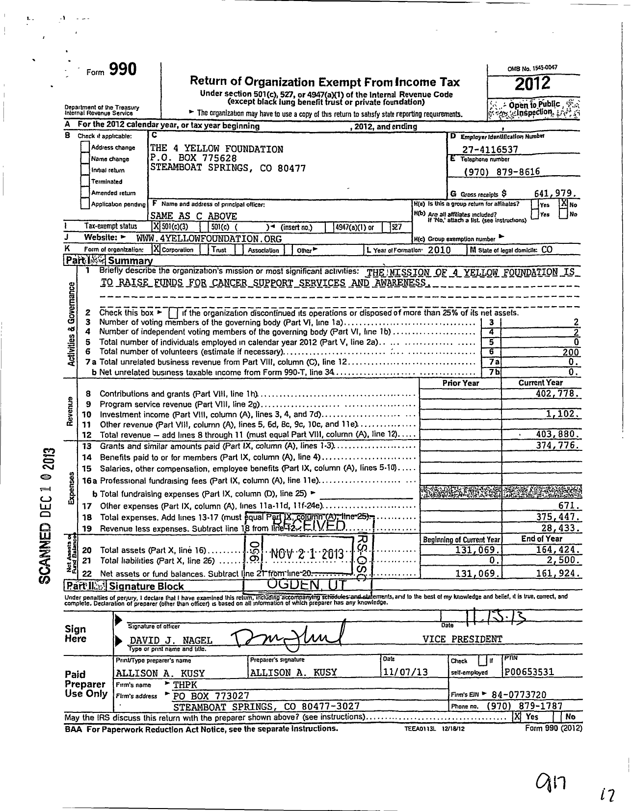 Image of first page of 2012 Form 990 for 4 Yellow Foundation