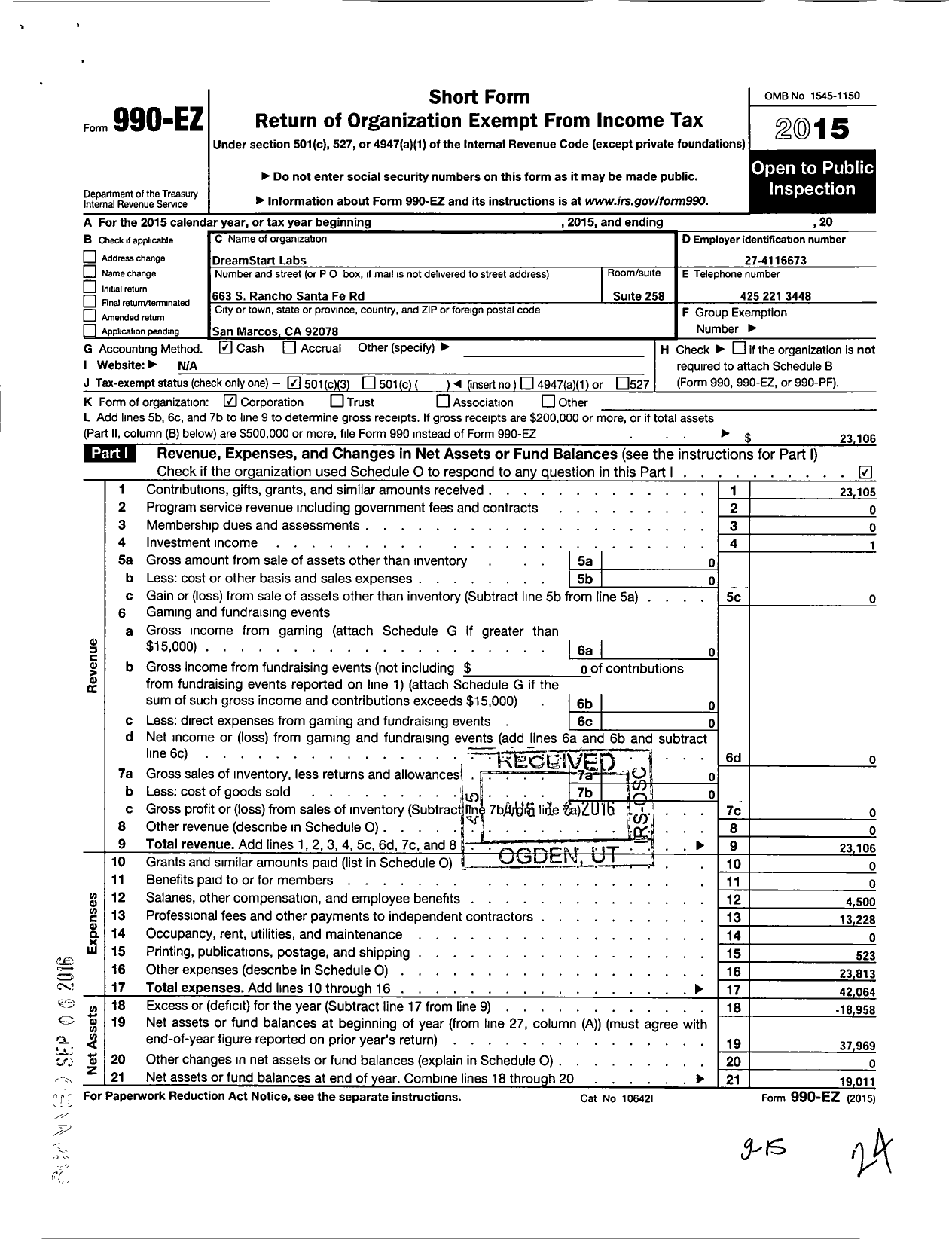 Image of first page of 2015 Form 990EZ for Dreamstart Labs