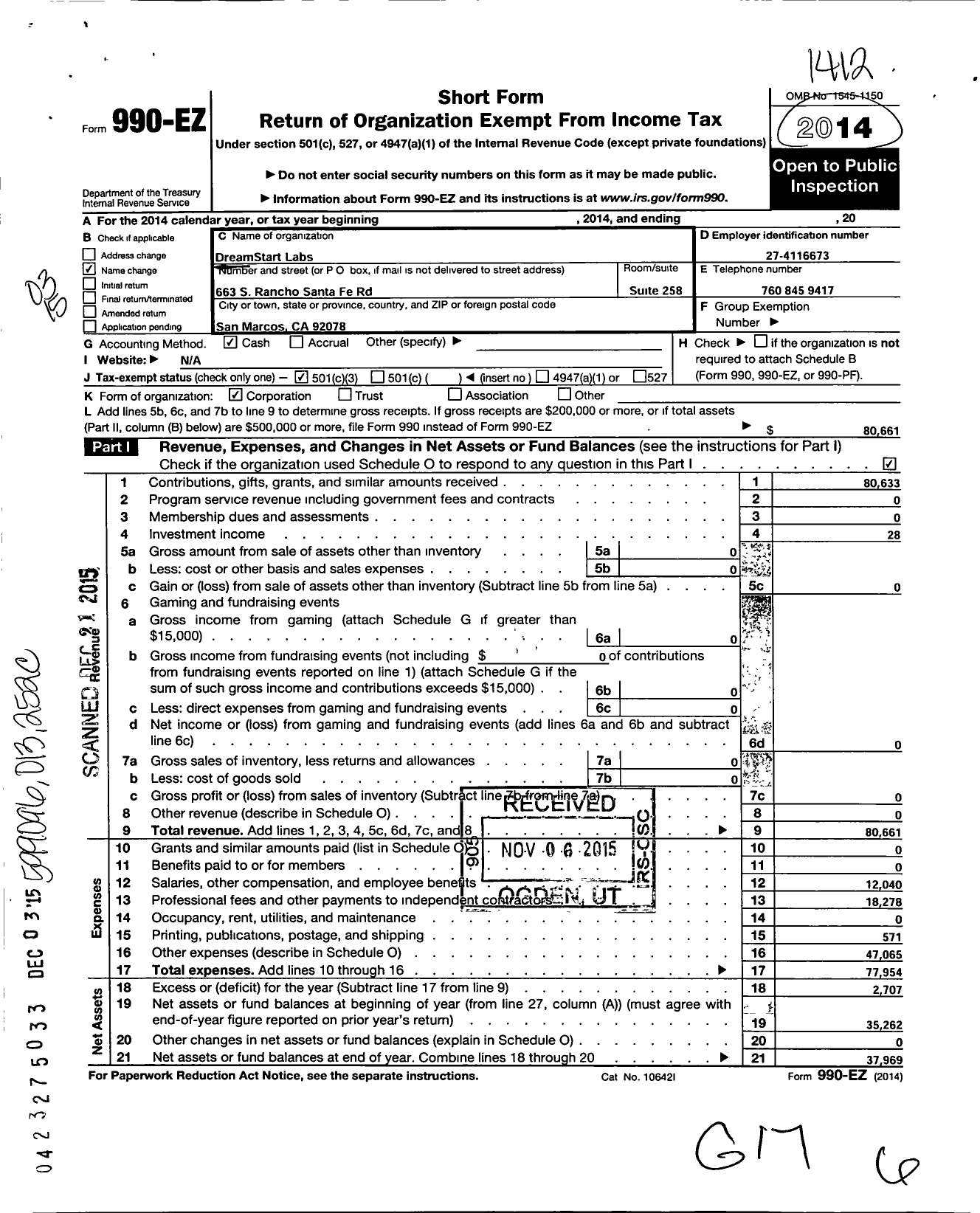 Image of first page of 2014 Form 990EZ for Dreamstart Labs