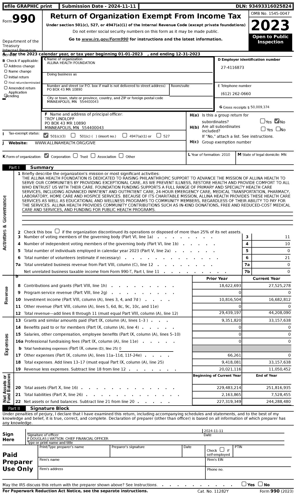 Image of first page of 2023 Form 990 for Allina Health Foundation