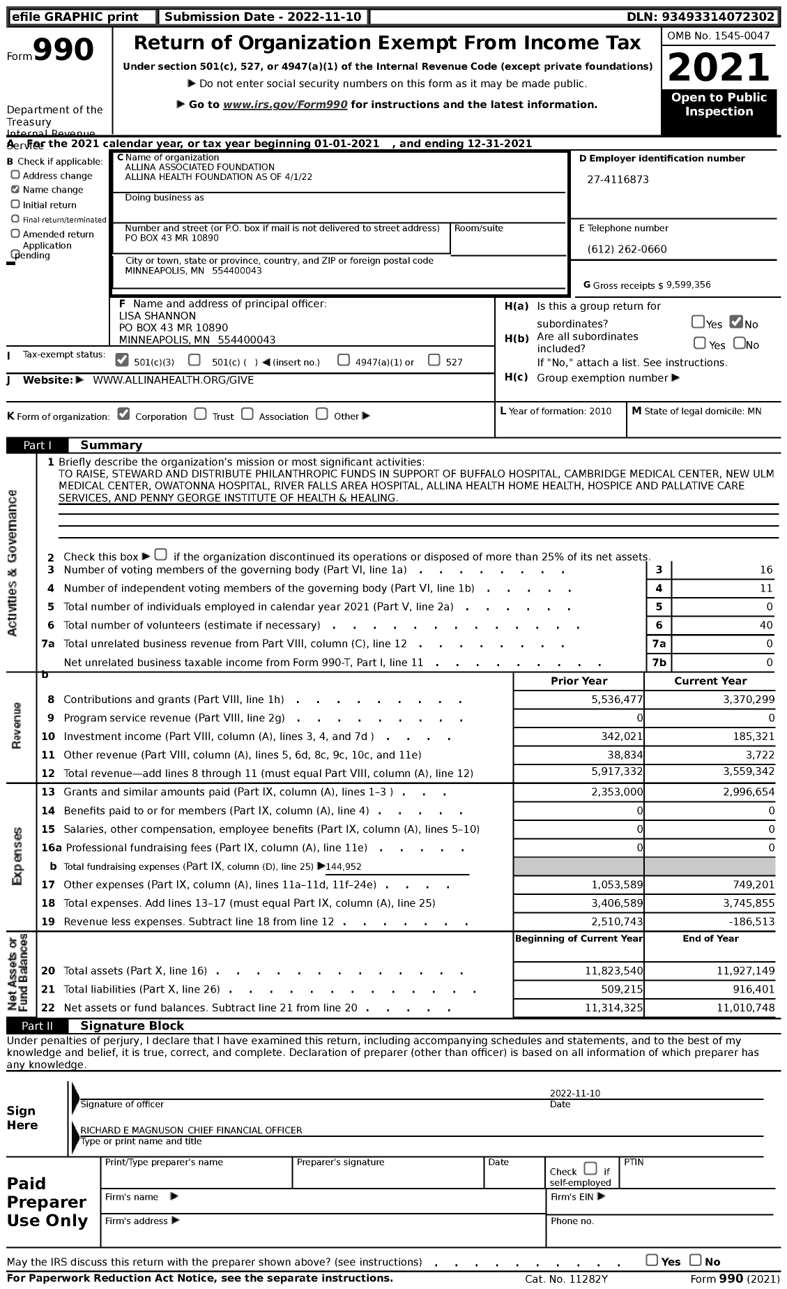 Image of first page of 2021 Form 990 for Allina Health Foundation As of 4122