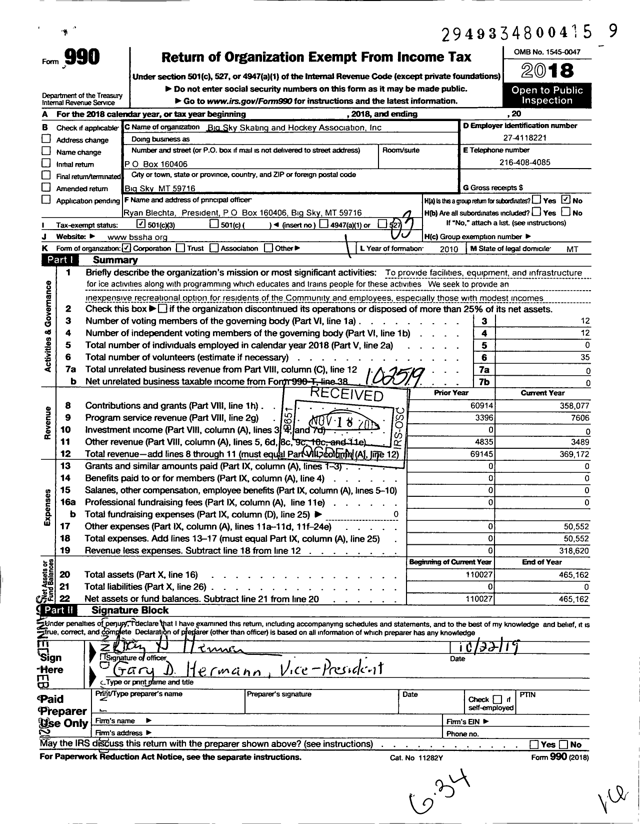 Image of first page of 2018 Form 990 for Big Sky Skating and Hockey Association