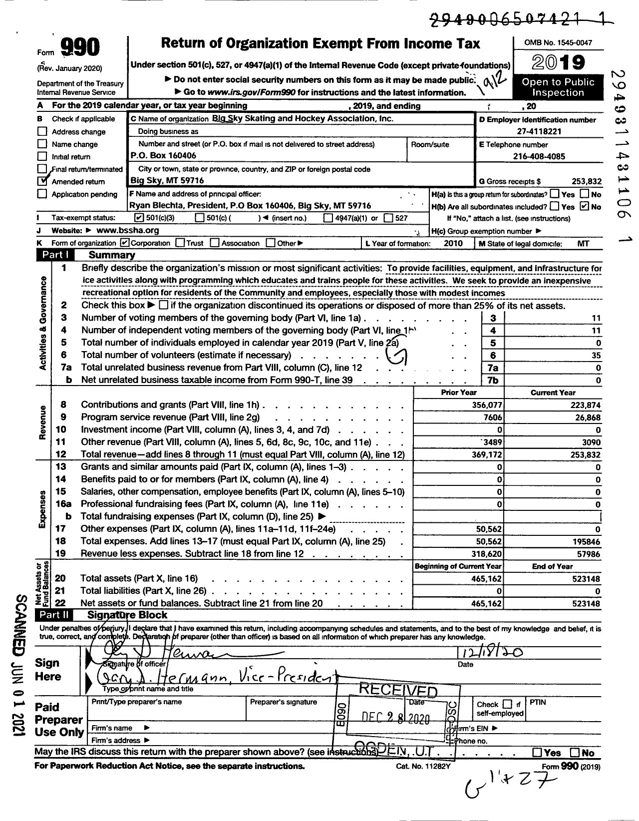 Image of first page of 2019 Form 990 for Big Sky Skating and Hockey Association