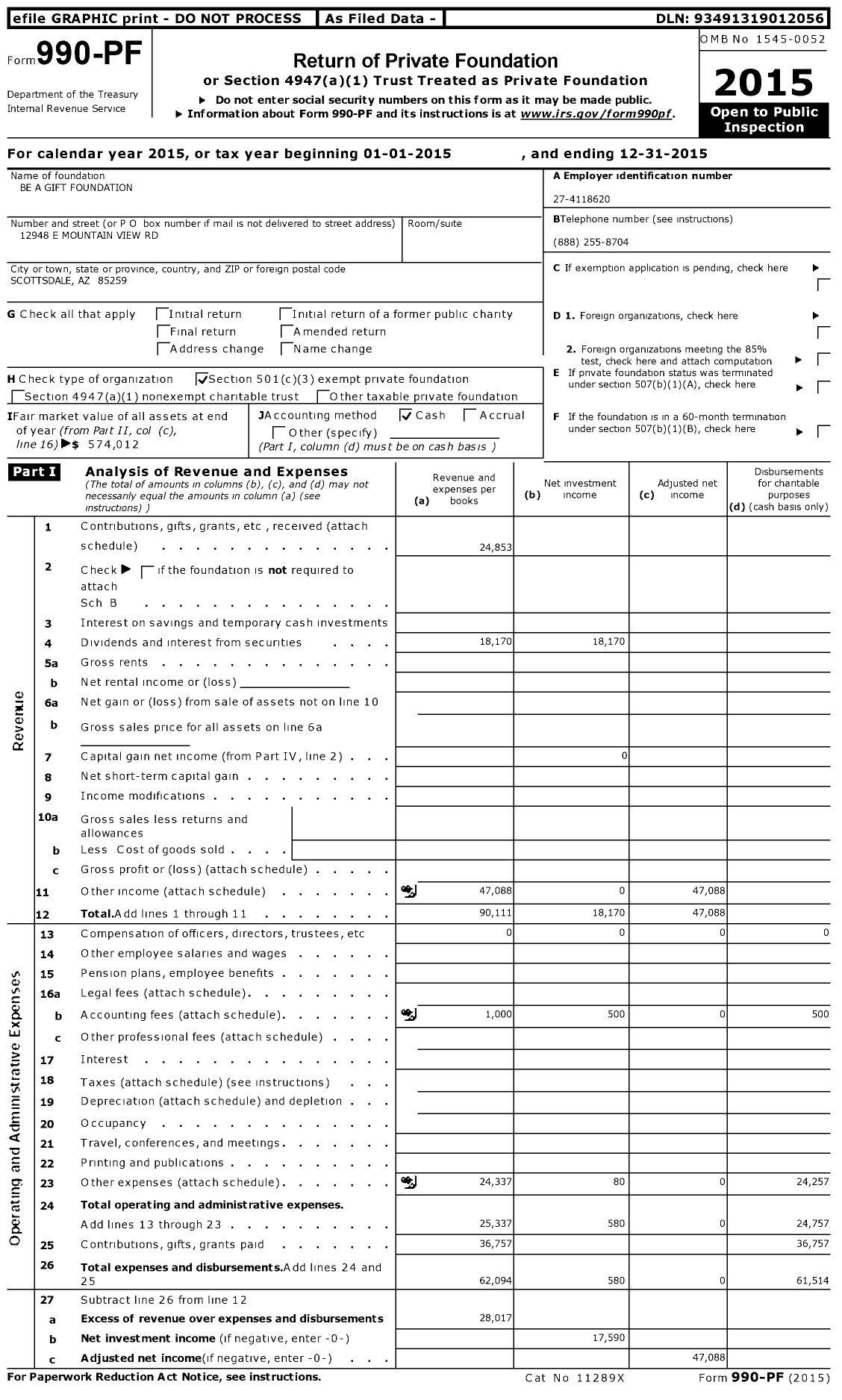 Image of first page of 2015 Form 990PF for Be A Gift Foundation