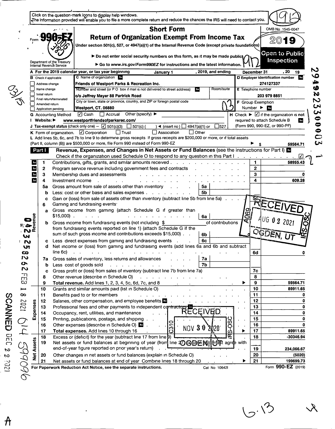 Image of first page of 2019 Form 990EZ for Friends of Westport Parks and Recreation