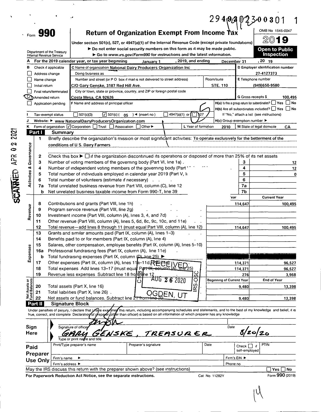 Image of first page of 2019 Form 990O for National Dairy Producers