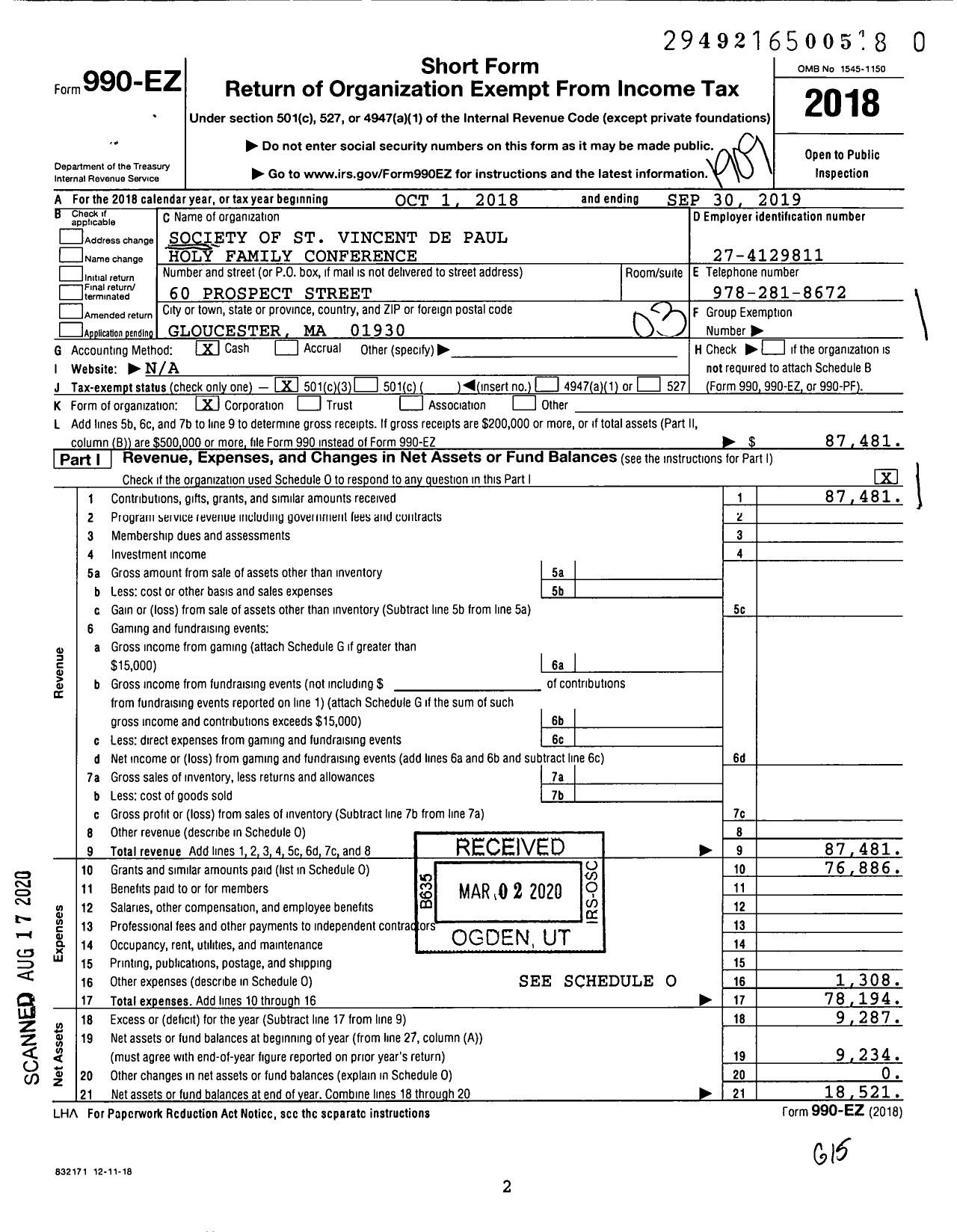 Image of first page of 2018 Form 990EZ for Society of ST. Vincent de Paul Boston - Holy Family Conference