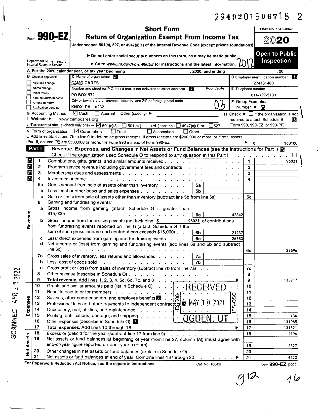 Image of first page of 2020 Form 990EZ for Camo Cares