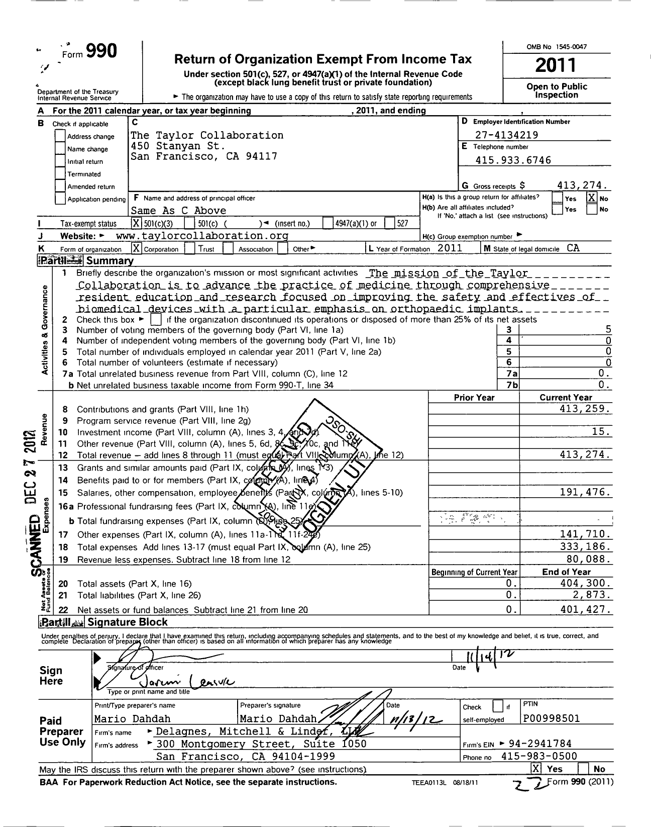 Image of first page of 2011 Form 990 for The Taylor Collaboration