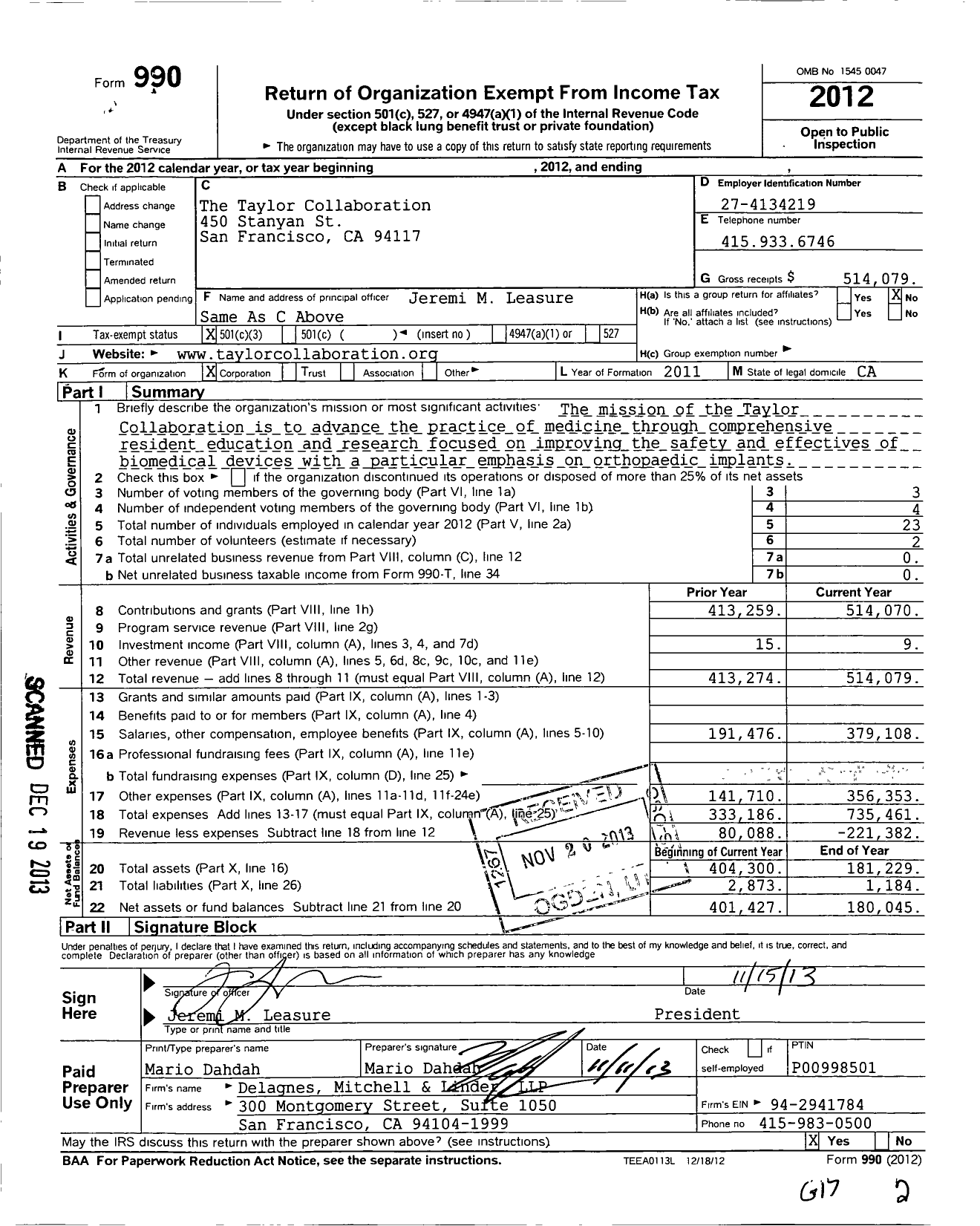 Image of first page of 2012 Form 990 for The Taylor Collaboration