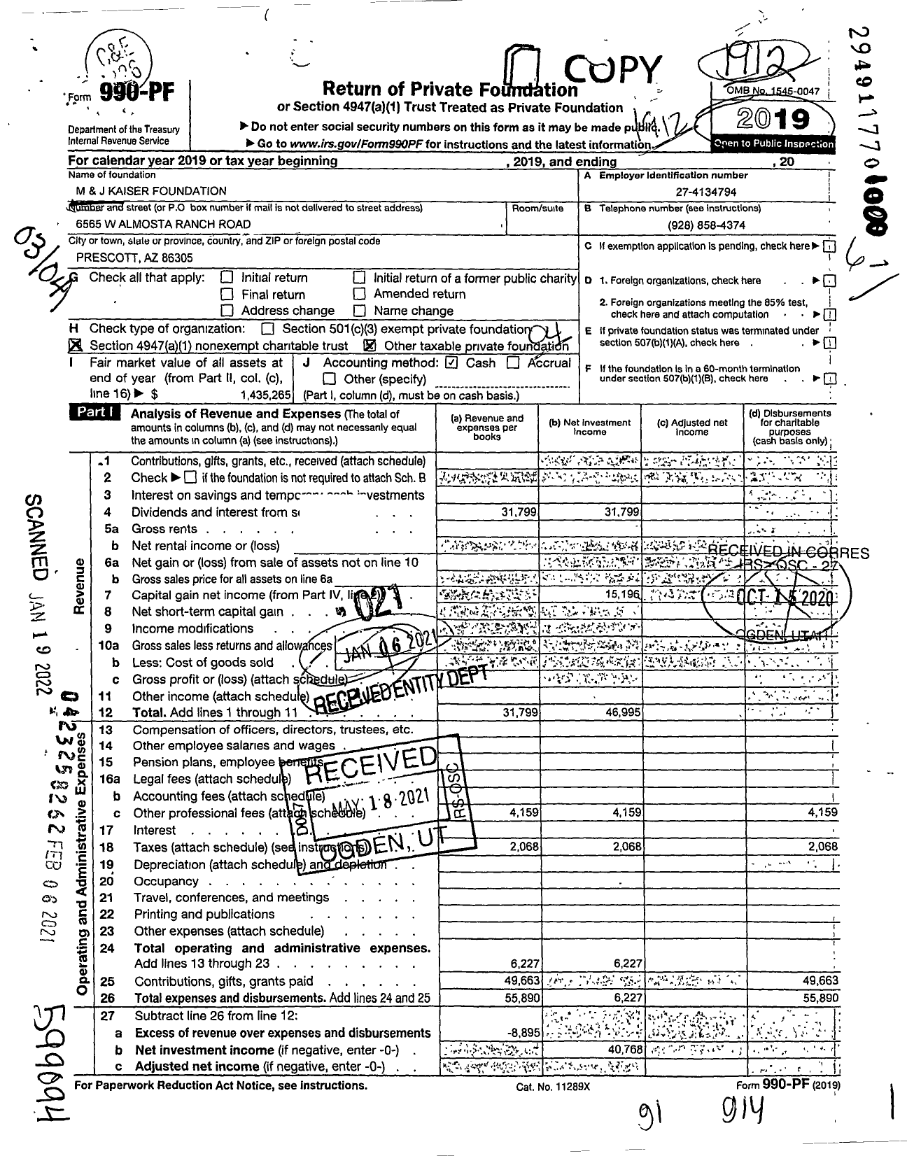 Image of first page of 2019 Form 990PF for Marvin and Joyce Kaiser Foundation