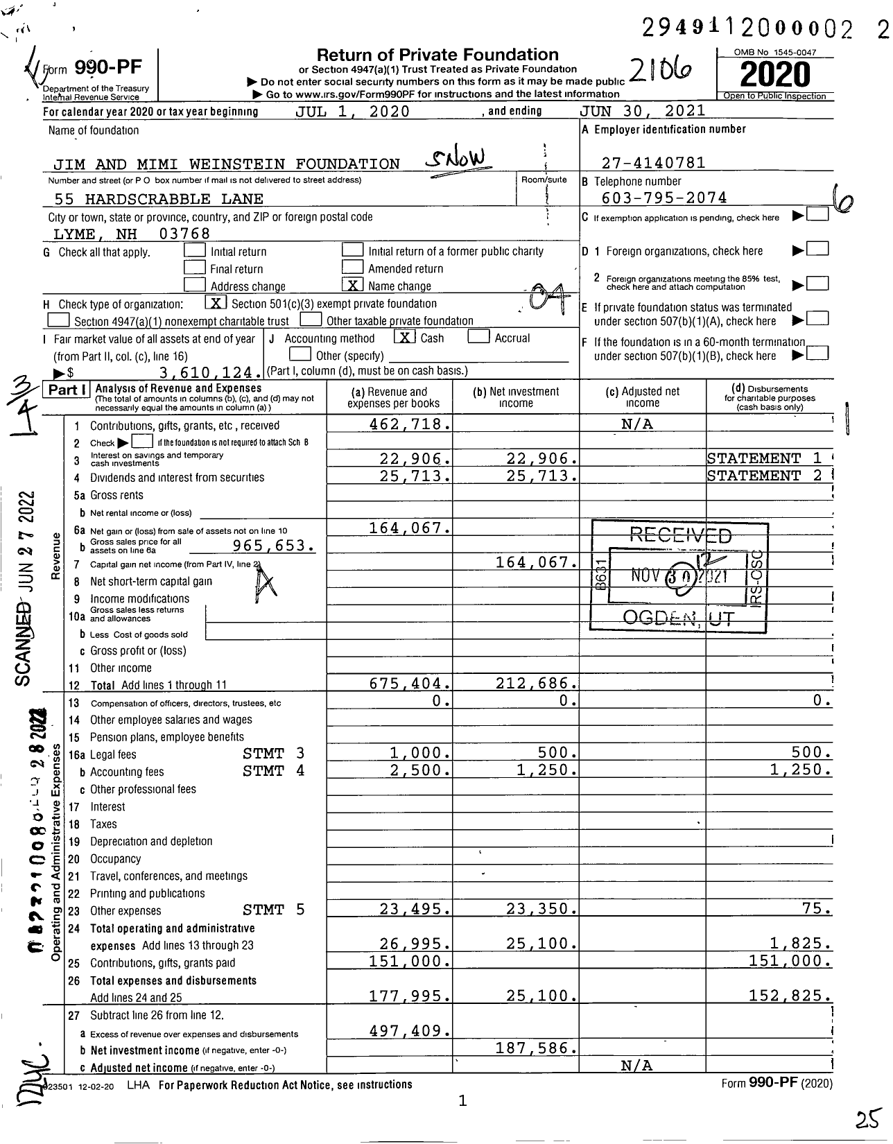 Image of first page of 2020 Form 990PF for Jim and Mimi Weinstein Foundation