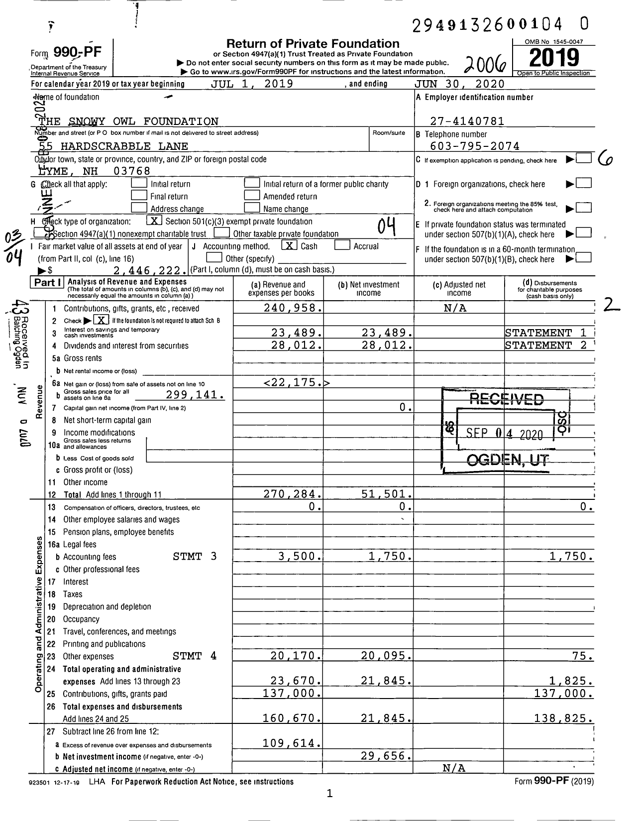 Image of first page of 2019 Form 990PF for Jim and Mimi Weinstein Foundation