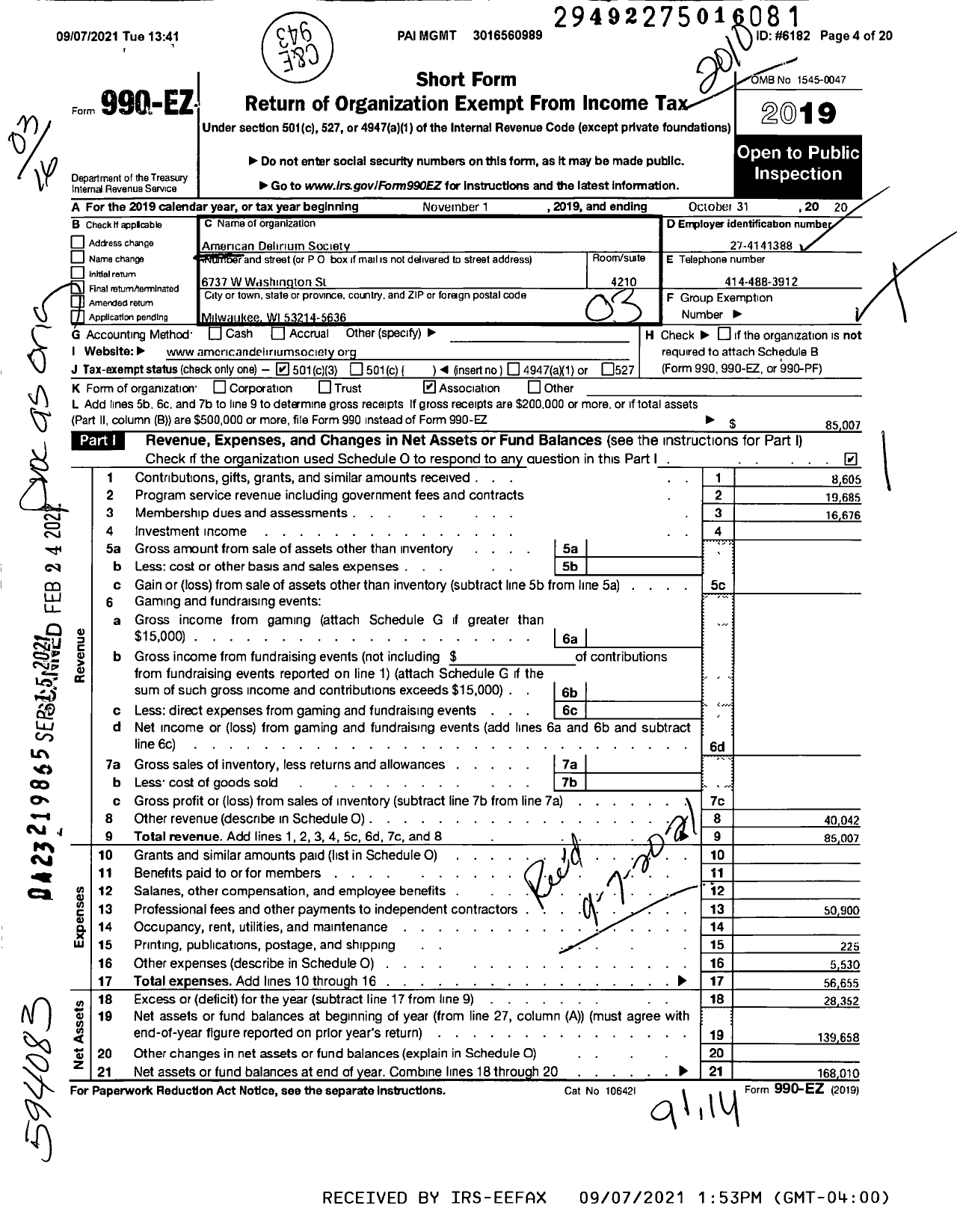 Image of first page of 2019 Form 990EZ for American Delirium Society