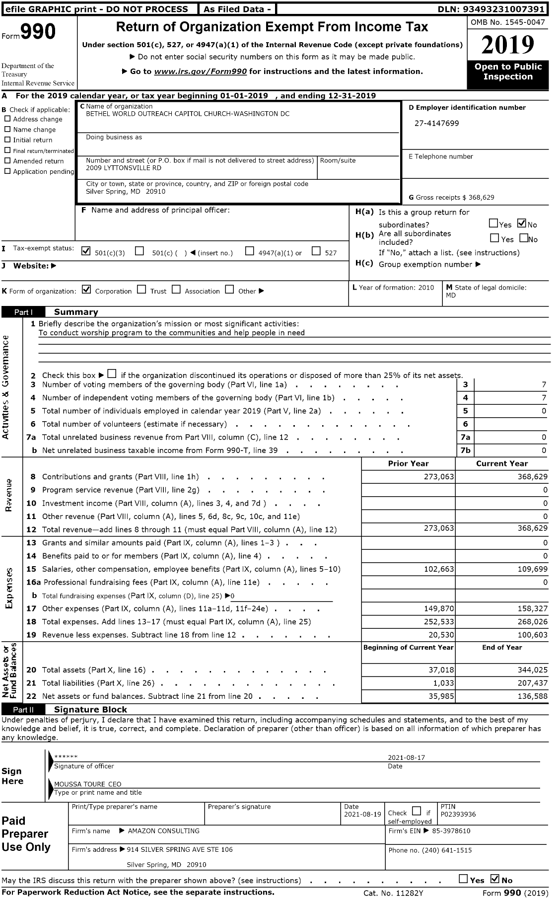 Image of first page of 2019 Form 990 for Bethel World Outreach Capitol Church-Washington DC