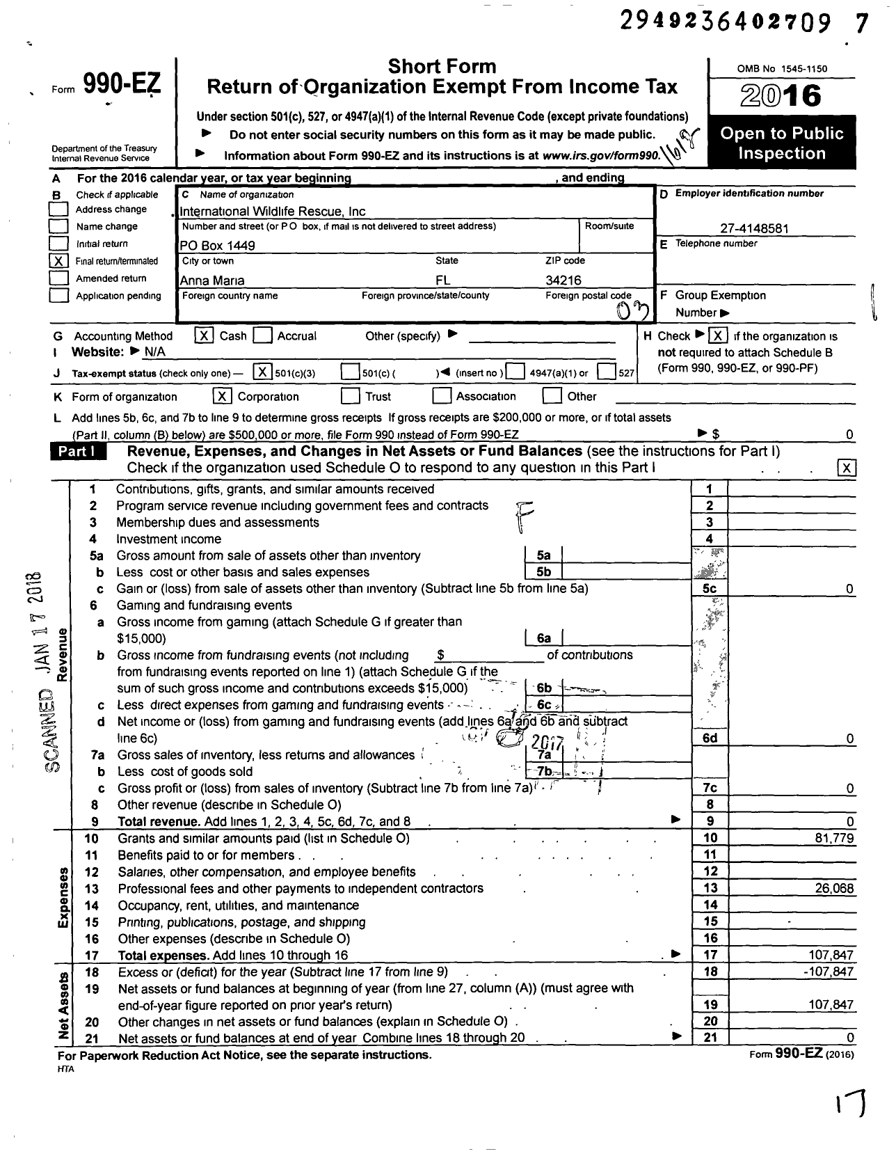 Image of first page of 2016 Form 990EZ for International Wildlife Rescue