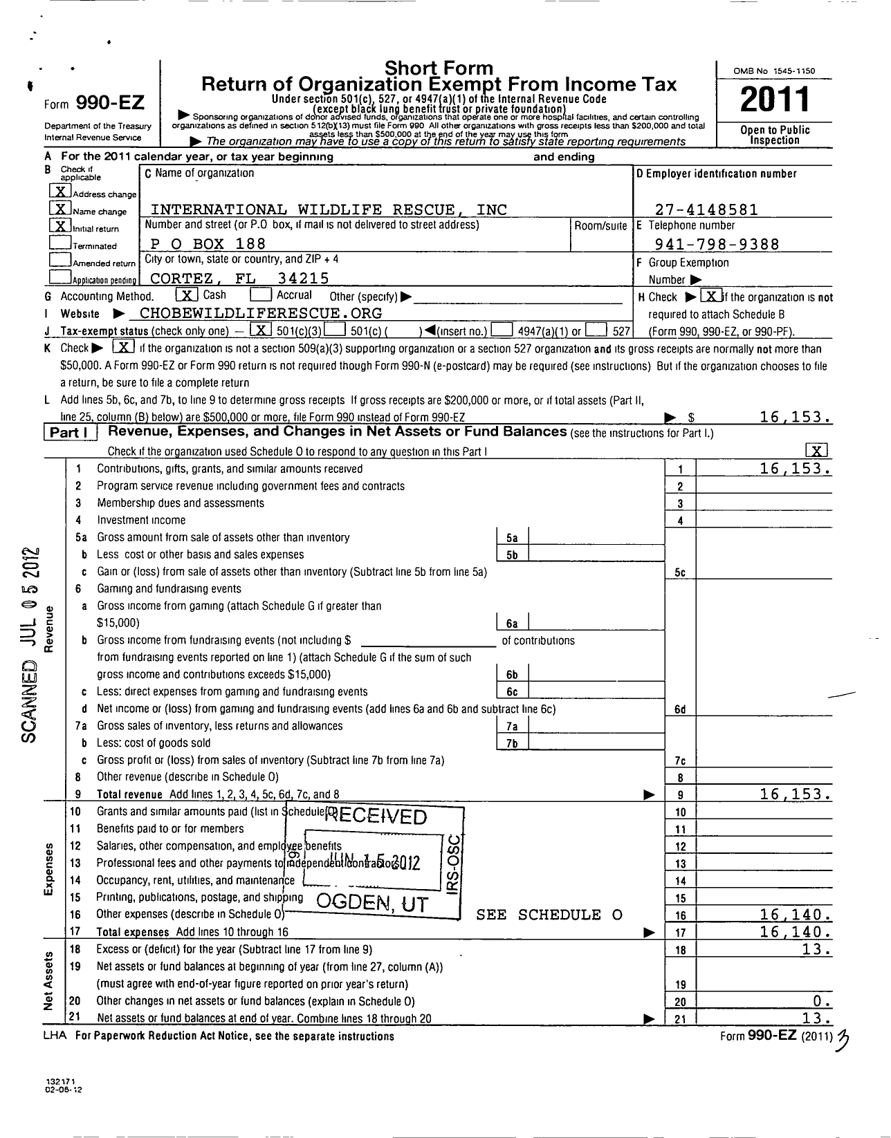 Image of first page of 2011 Form 990EZ for International Wildlife Rescue