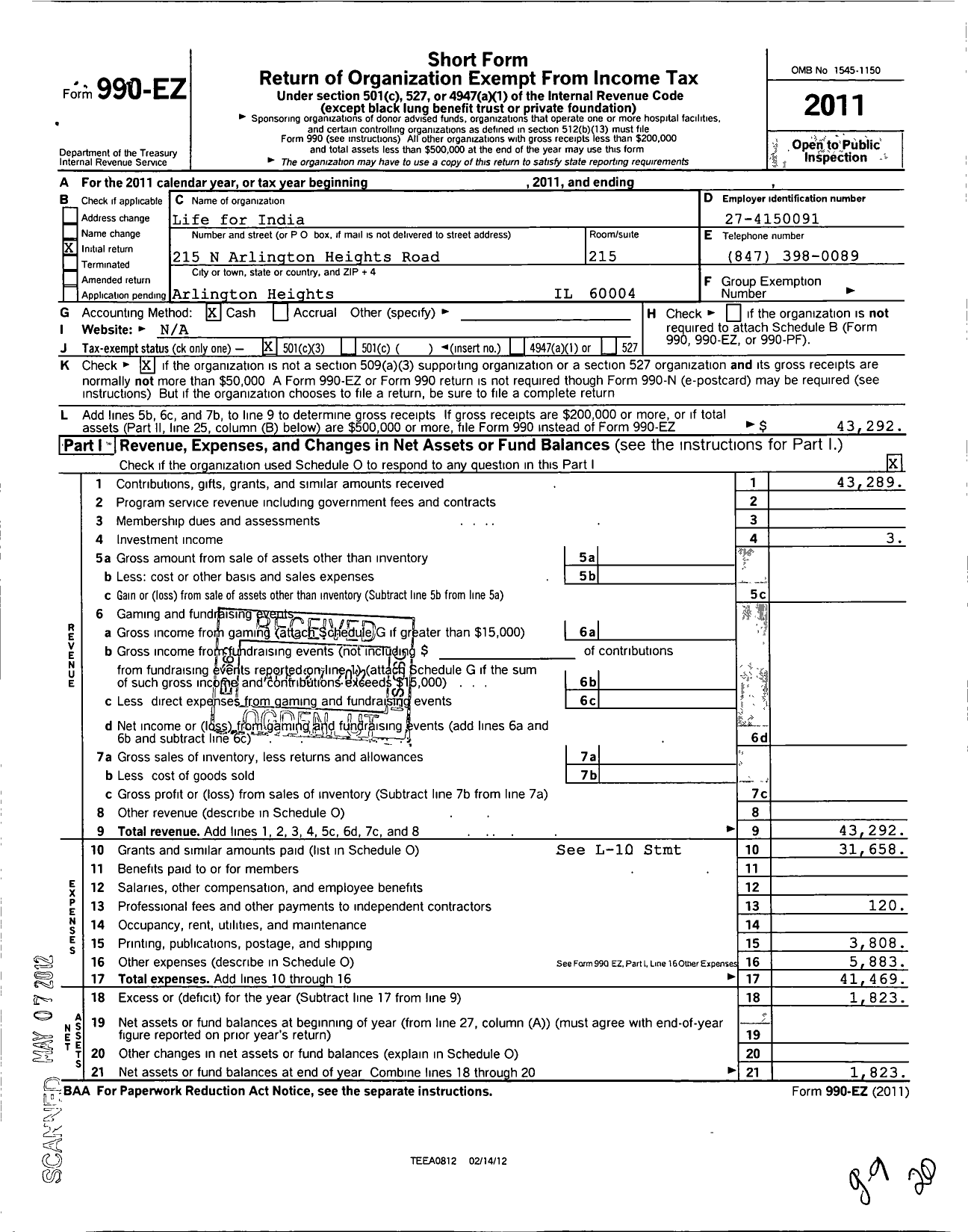 Image of first page of 2011 Form 990EZ for Life for India