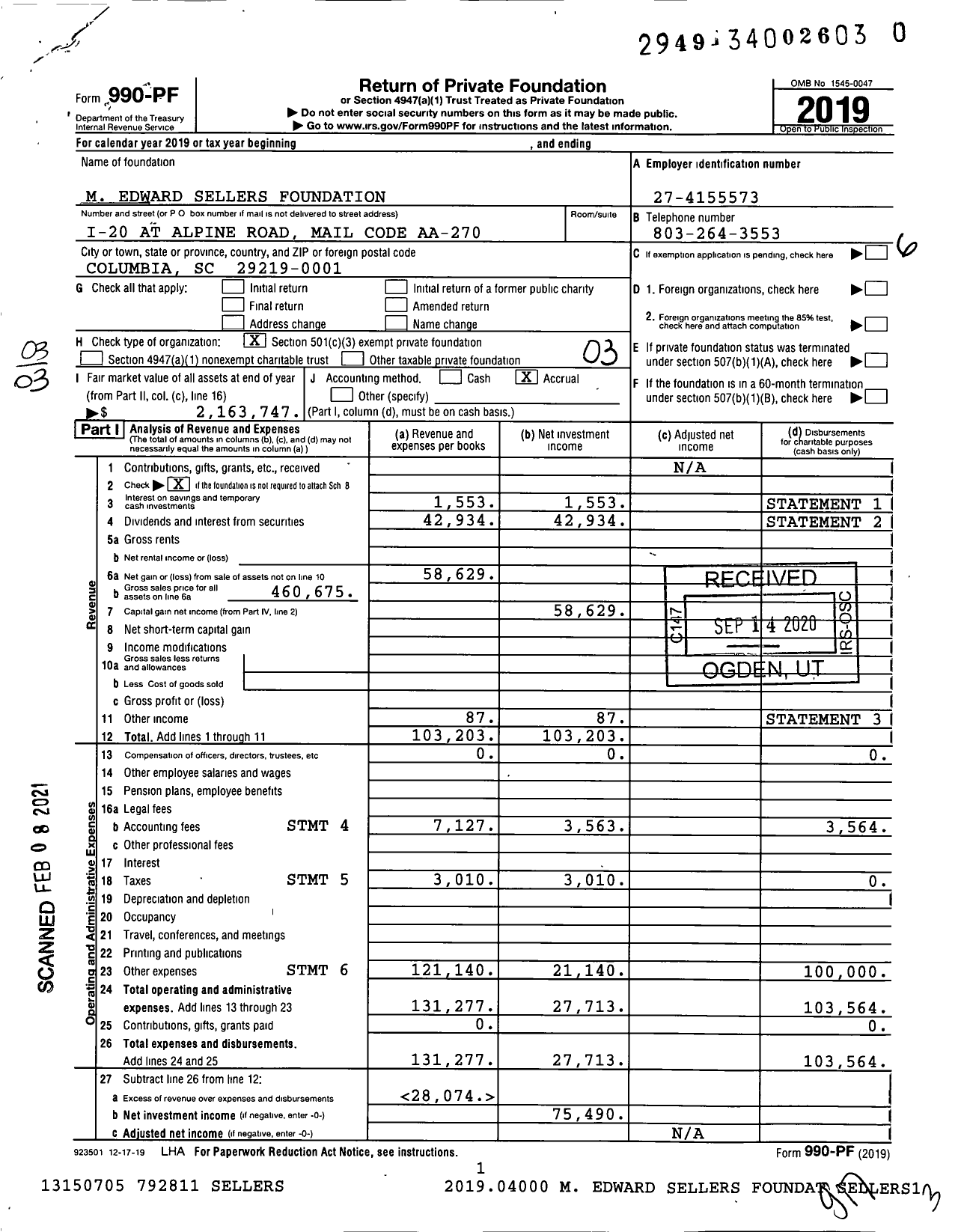 Image of first page of 2019 Form 990PF for M Edward Sellers Foundation