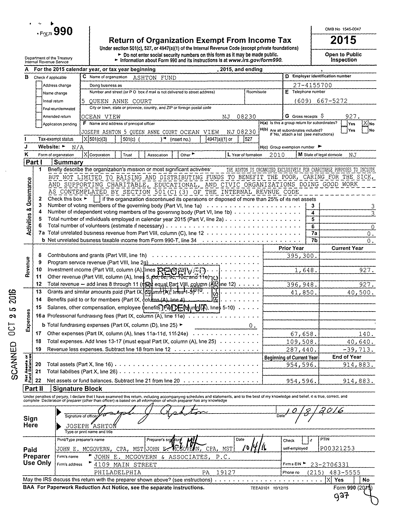 Image of first page of 2015 Form 990 for Ashton Fund