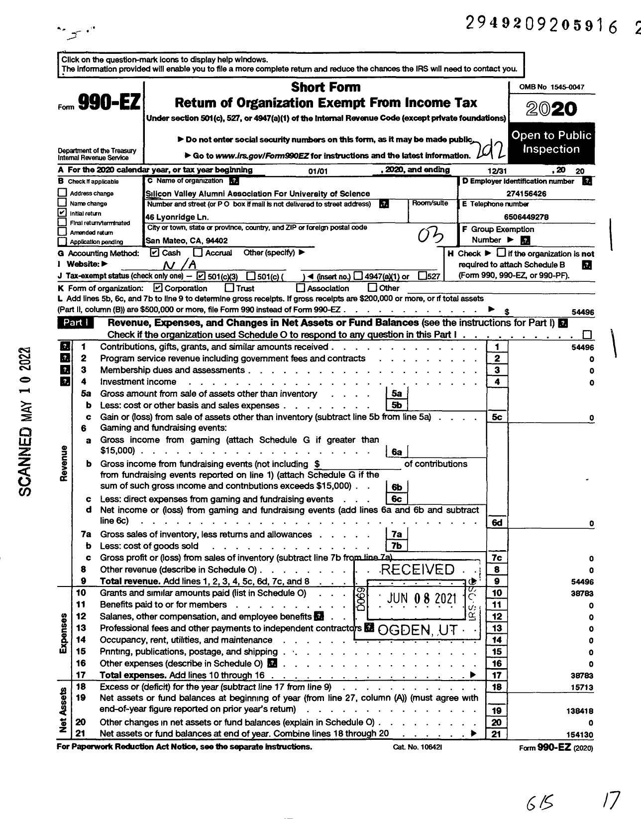 Image of first page of 2020 Form 990EZ for Silicon Valley Alumni Association for Ustc