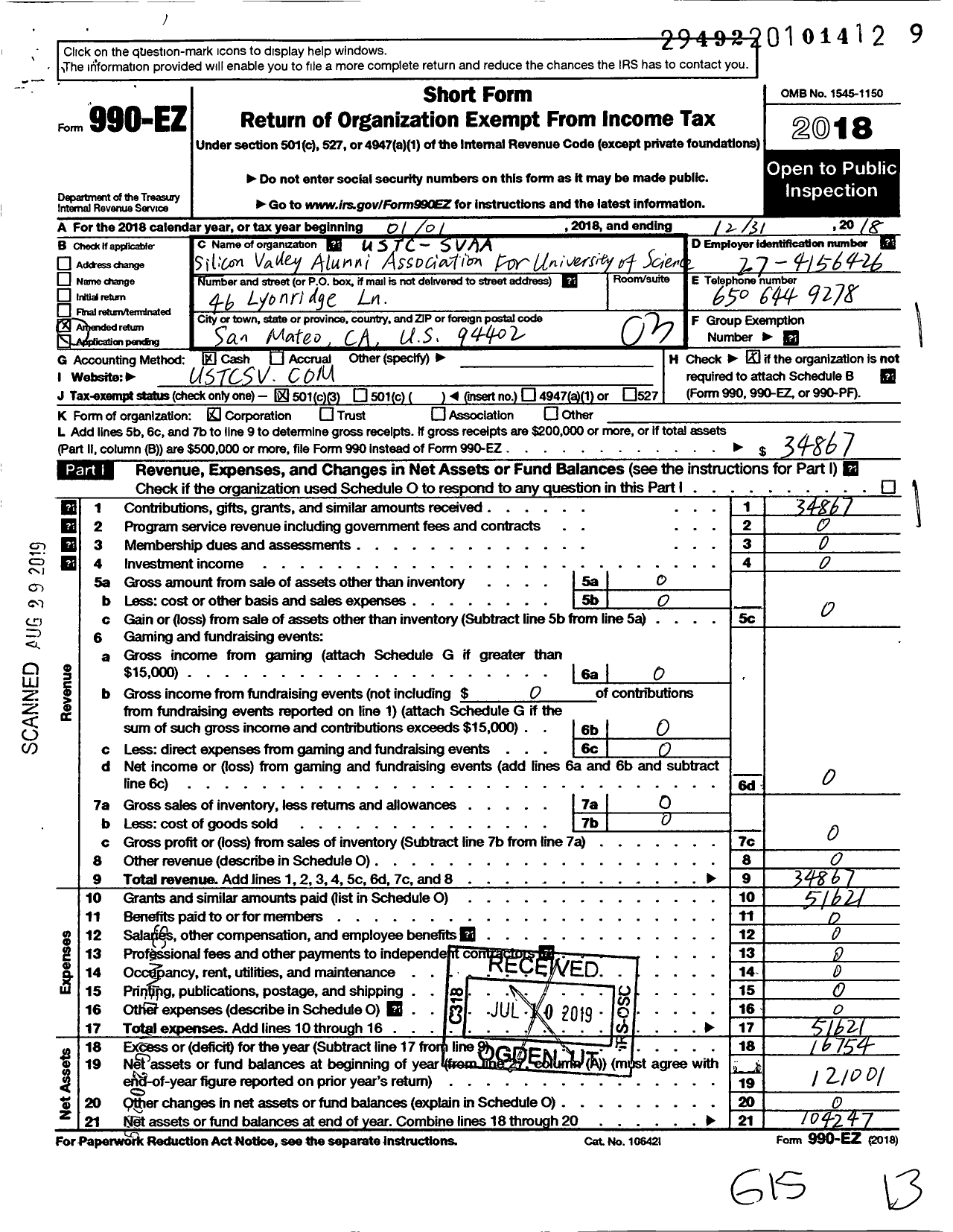 Image of first page of 2018 Form 990EZ for Silicon Valley Alumni Association for Ustc