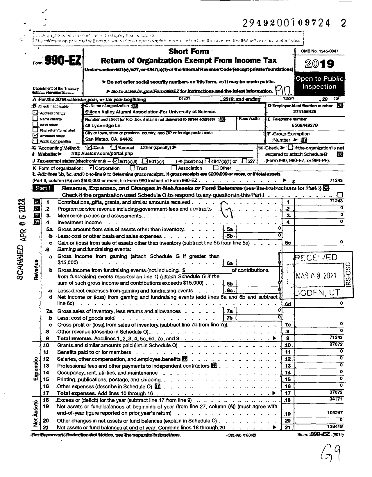 Image of first page of 2019 Form 990EZ for Silicon Valley Alumni Association for Ustc