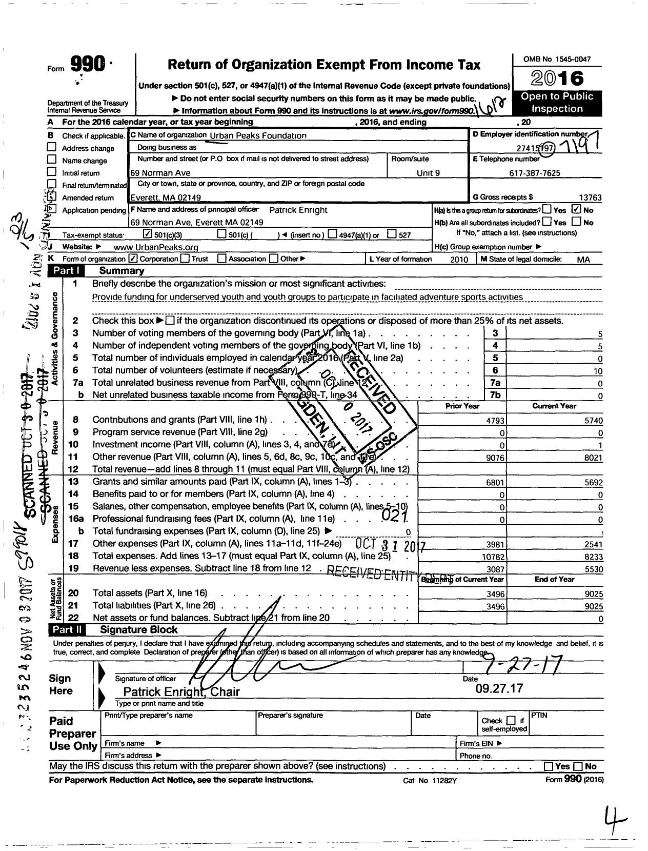 Image of first page of 2016 Form 990 for Urban Peaks Foundation