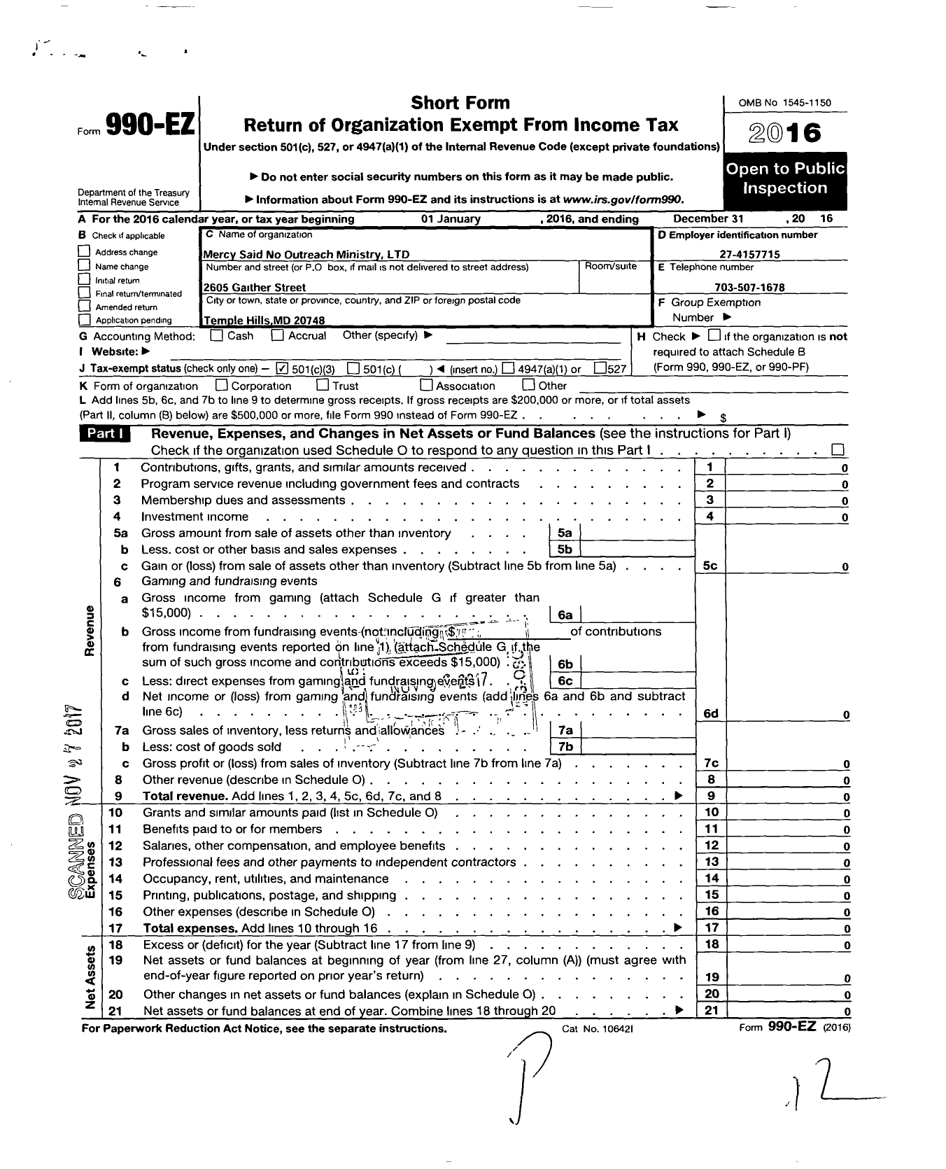 Image of first page of 2016 Form 990EZ for Mercy Said No Outreach Ministry