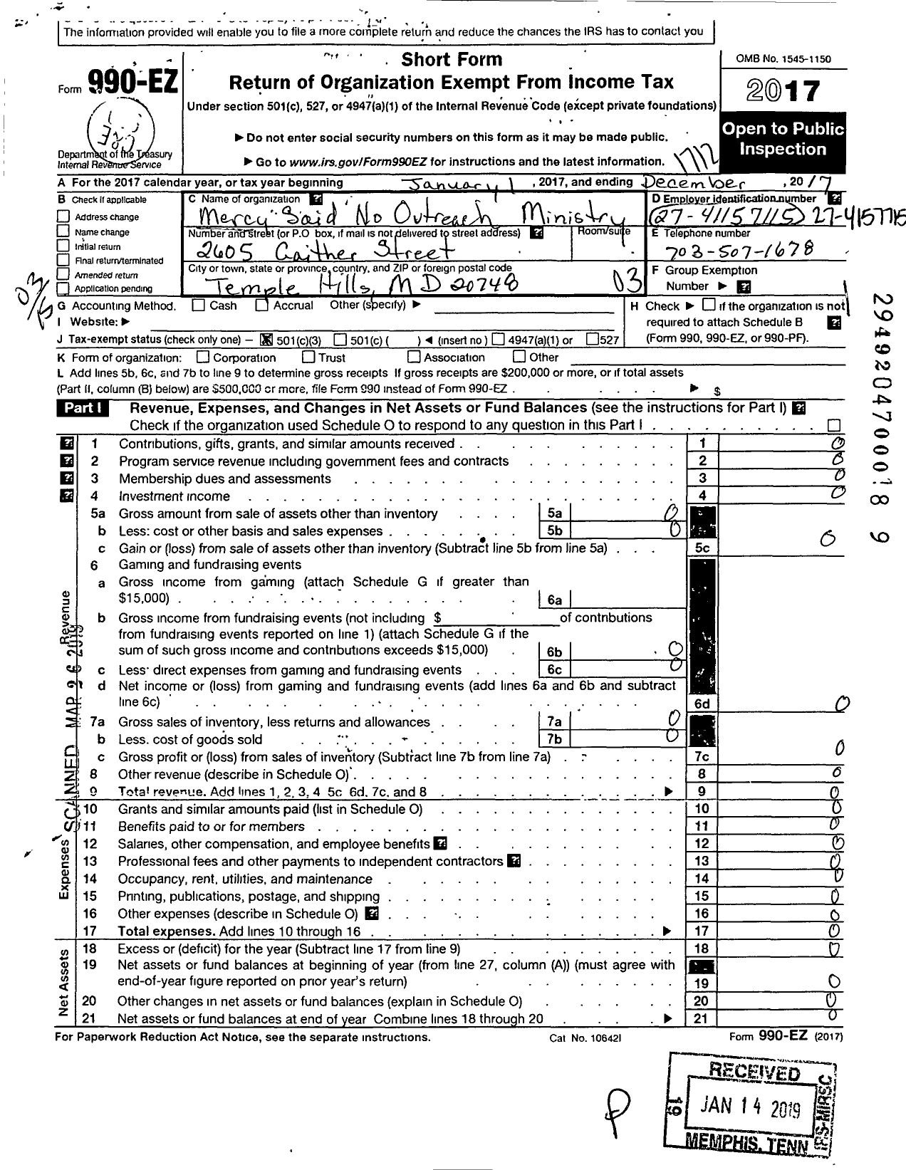 Image of first page of 2017 Form 990EZ for Mercy Said No Outreach Ministry