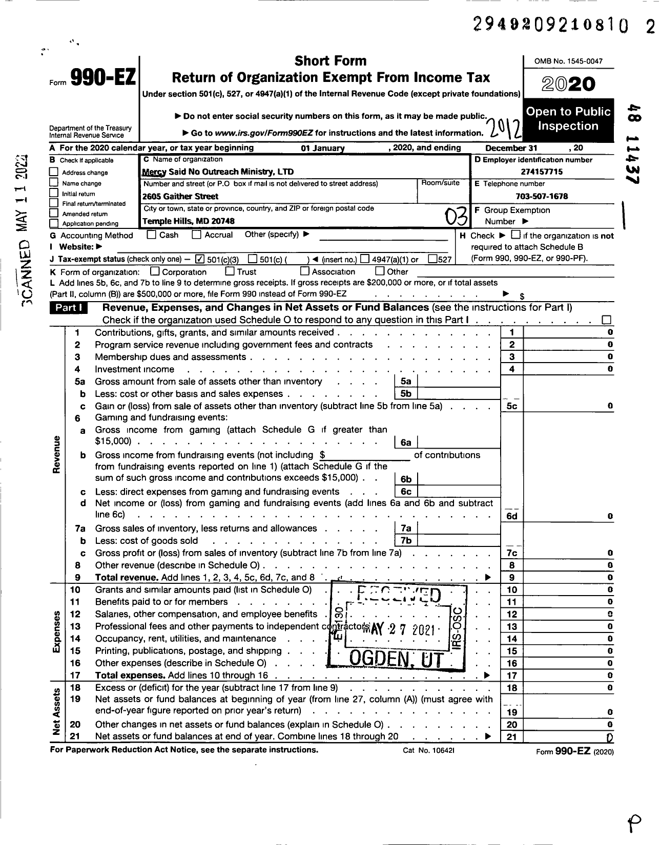 Image of first page of 2020 Form 990EZ for Mercy Said No Outreach Ministry