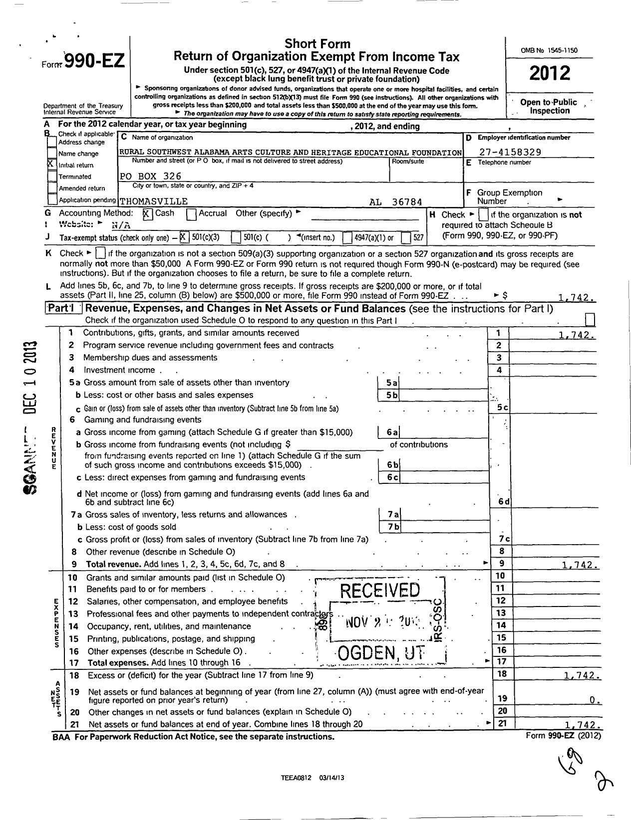 Image of first page of 2012 Form 990EZ for Rural Southwest Alabama Arts Culture and Heritage Eductional Foundation