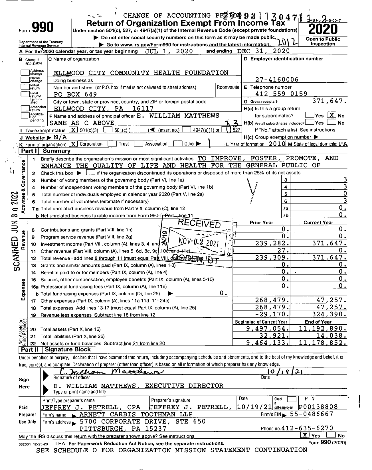 Image of first page of 2020 Form 990 for Ellwood City Community Health Foundation